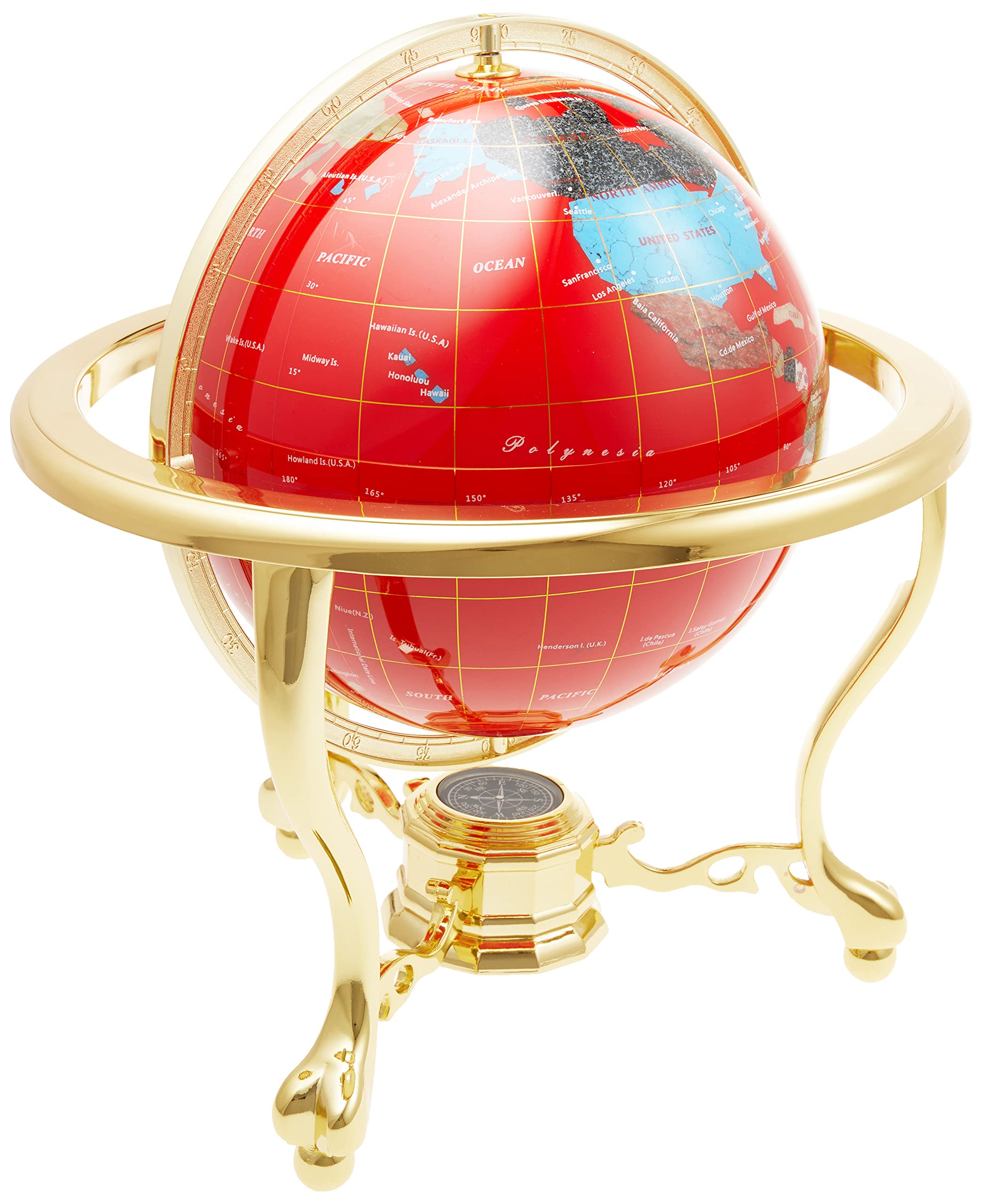 13-Inch Unique Red Ocean Gemstone World Globe with Gold Tripod Stand - Decorative Tabletop Art for Home, Office & Gift Giving