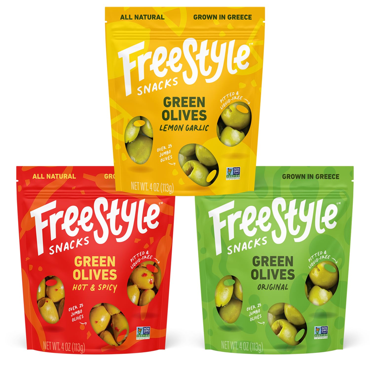 Freestyle Snacks Olive Snack Packs - Fresh Pitted Green Olives from Greece, 3 Flavor Variety Pack (4oz x 3) | Jumbo-Sized, All Natural, Non-GMO, Paleo & Keto Friendly, Sugar-Free Healthy Snacks | Perfect for Lunch Boxes, Office Snacking & Low-Carb Diet