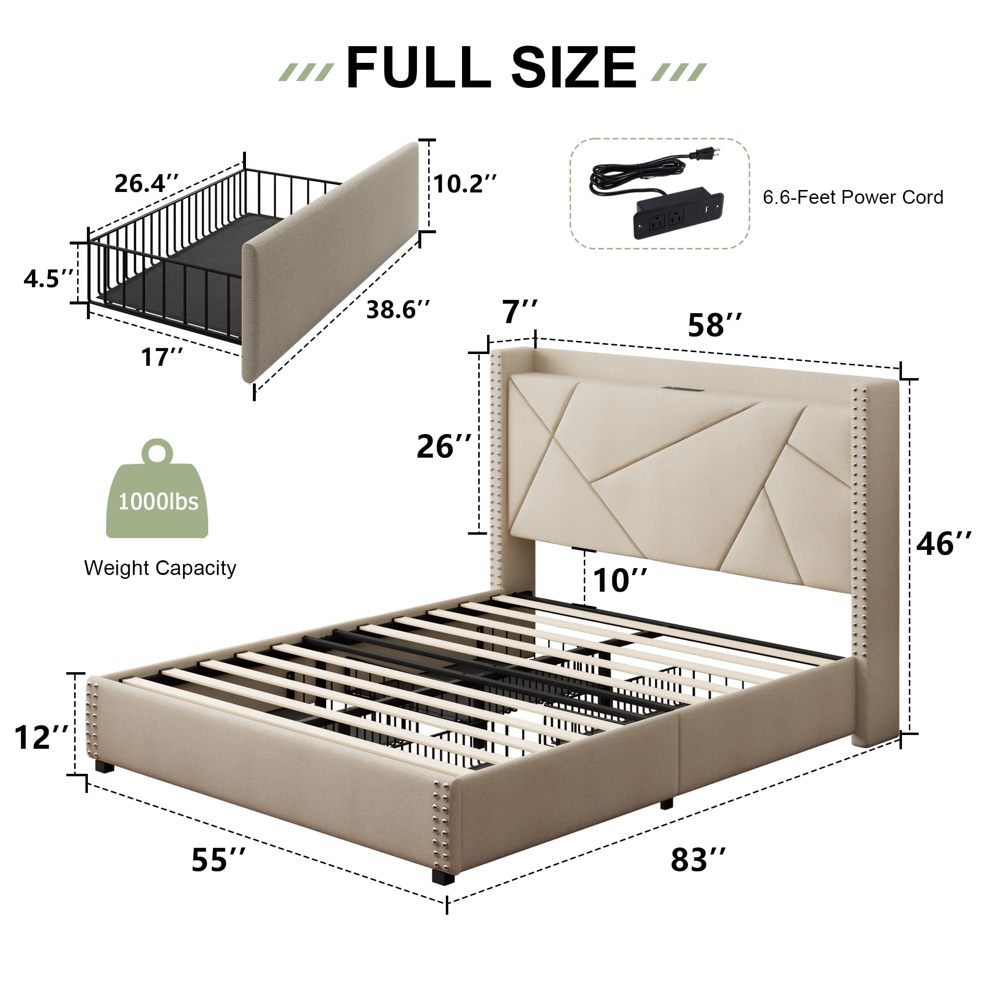 **Feonase Full Size Bed Frame with 4 Storage Drawers & USB Charging Station - Upholstered Platform Bed with Wingback Headboard, Solid Wood Slats, No Box Spring Needed, Noise-Free, Beige - Perfect for Small Bedrooms, Guest Rooms & Apartments**