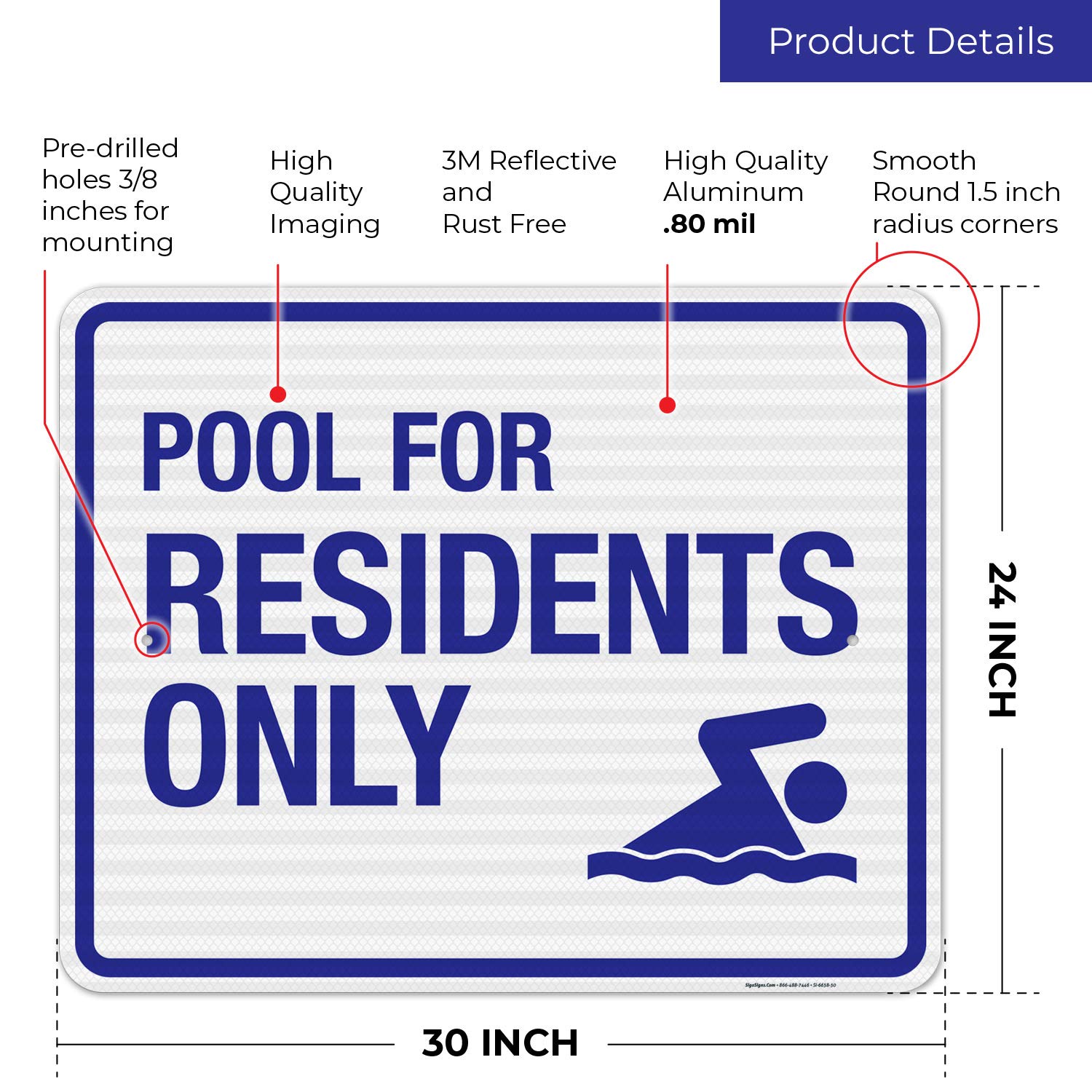 3M EGP Reflective .080 Aluminum Pool Sign - 'Residents Only' 24x30 Inches - Fade Resistant for Indoor & Outdoor Use - Made in USA - Perfect for Community Pools, Private Residences & HOA Regulations