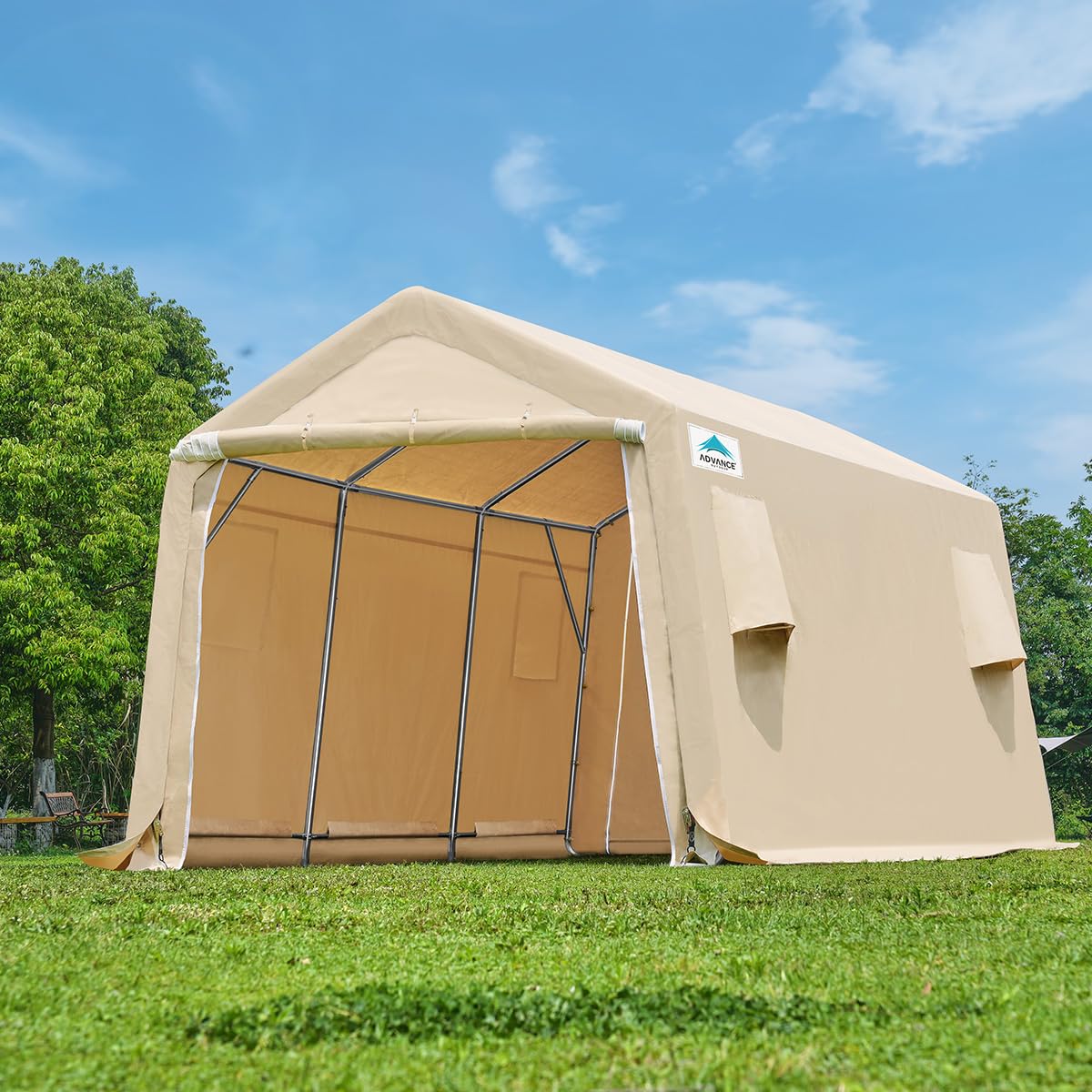 ADVANCE OUTDOOR 10X15 ft Heavy-Duty Steel Garage Shelter with Peak Roof - Portable Storage Shed for Motorcycle, Boat & Garden Tools - Includes 2 Roll-Up Doors & Ventilation (Beige) | Perfect for Vehicle Protection, Outdoor Storage & Backyard Organization