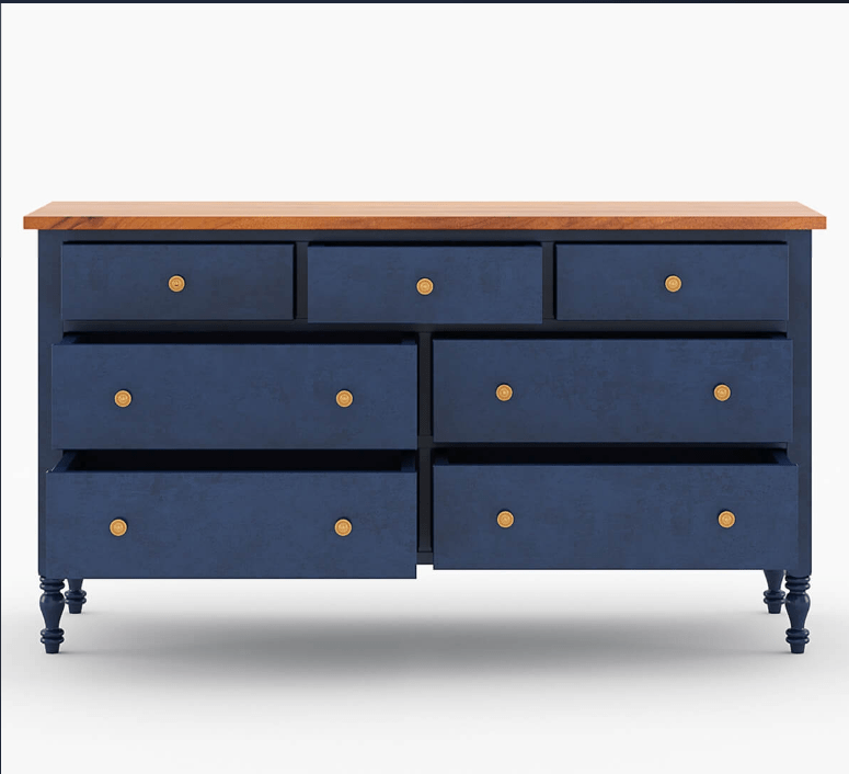 Hand Carved Blue Wooden 7-Drawer Dresser Chest - Vintage Storage for Bedroom, Living Room & Office Organization