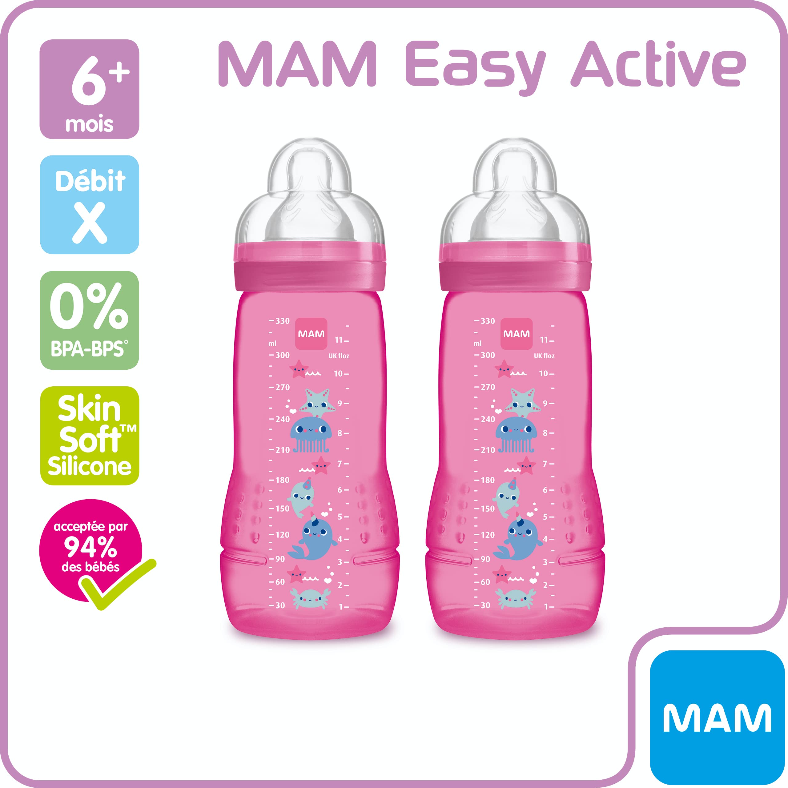 Mam MAM Easy Start Anti-Colic Baby Bottles 330ml (6 Months+) - BPA-Free, Girl Design - Perfect for Feeding & Reducing Gas Discomfort