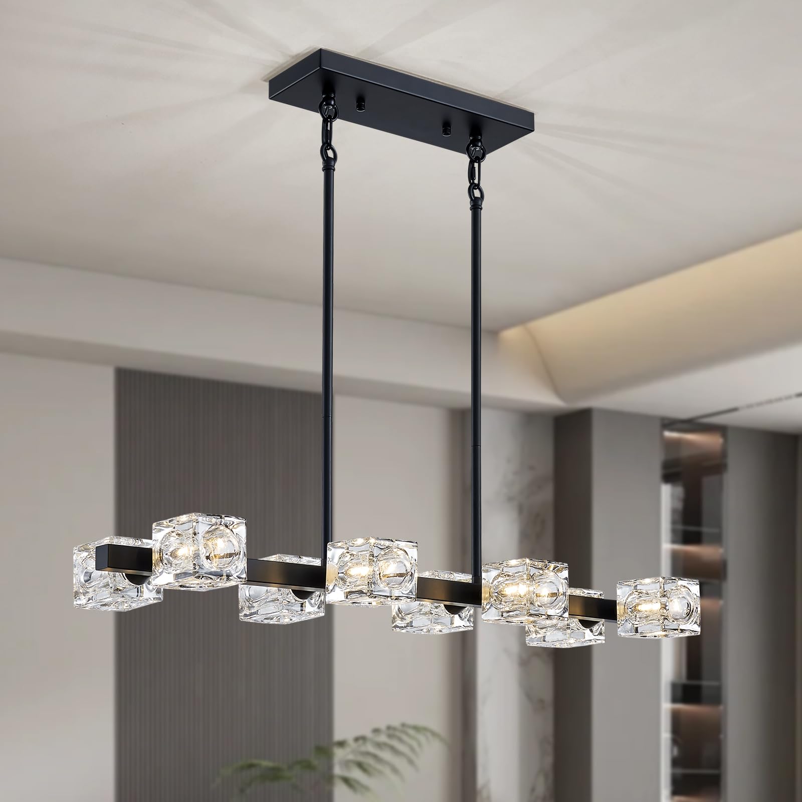 Modern Black Rectangular Linear 8-Light Chandelier - Metal & Glass Farmhouse Lighting Fixture for Dining Room, Kitchen Island, Office & Living Room | Elegant Ceiling Light for Home Decor & Interior Design