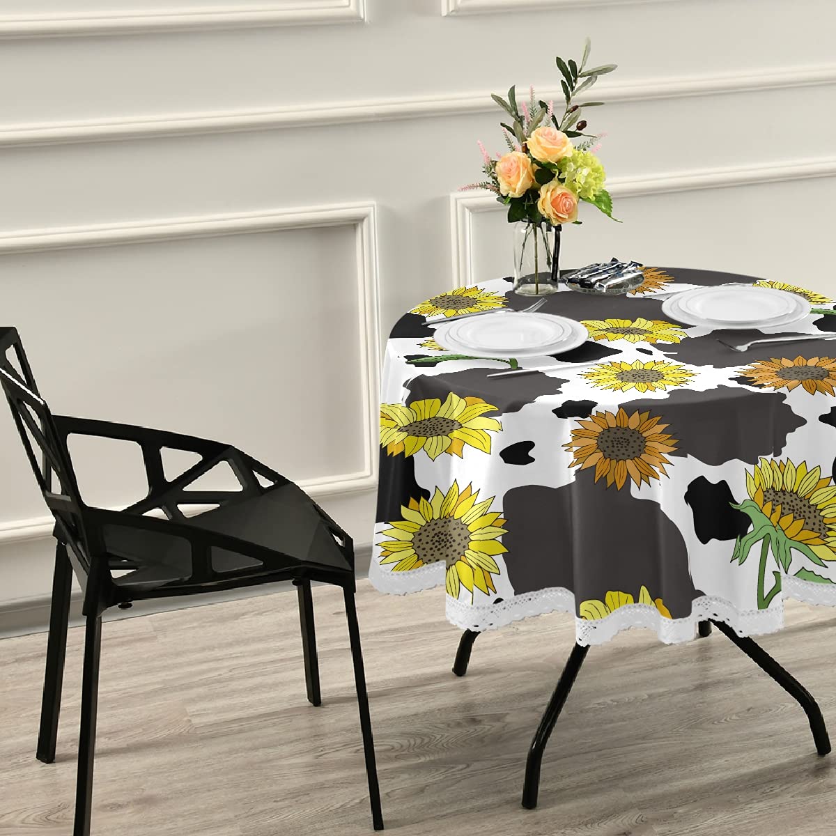 60 Inch Round Black and White Cow Print Sunflower Tablecloth - Waterproof Outdoor Table Cover for Wedding, Party, Dining Room - Perfect for Picnics, BBQs, and Farmhouse Decor