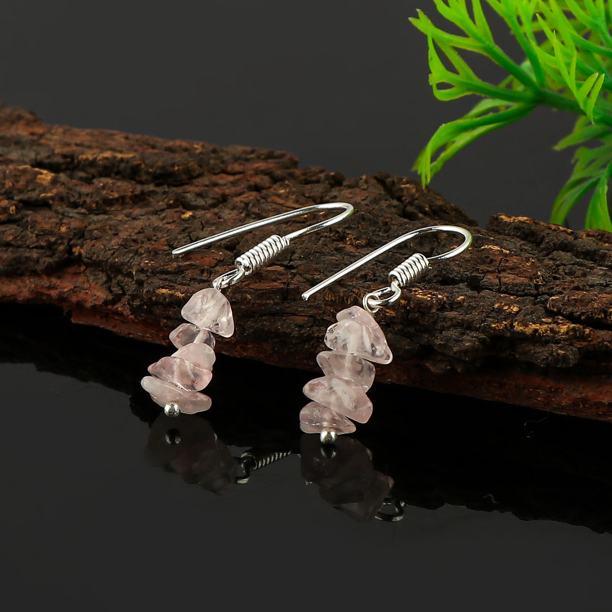 Rose Quartz Chips Earrings for Women - Natural Stone Dangle Earrings for Healing & Positive Energy - Perfect for Meditation, Yoga & Spiritual Gifts