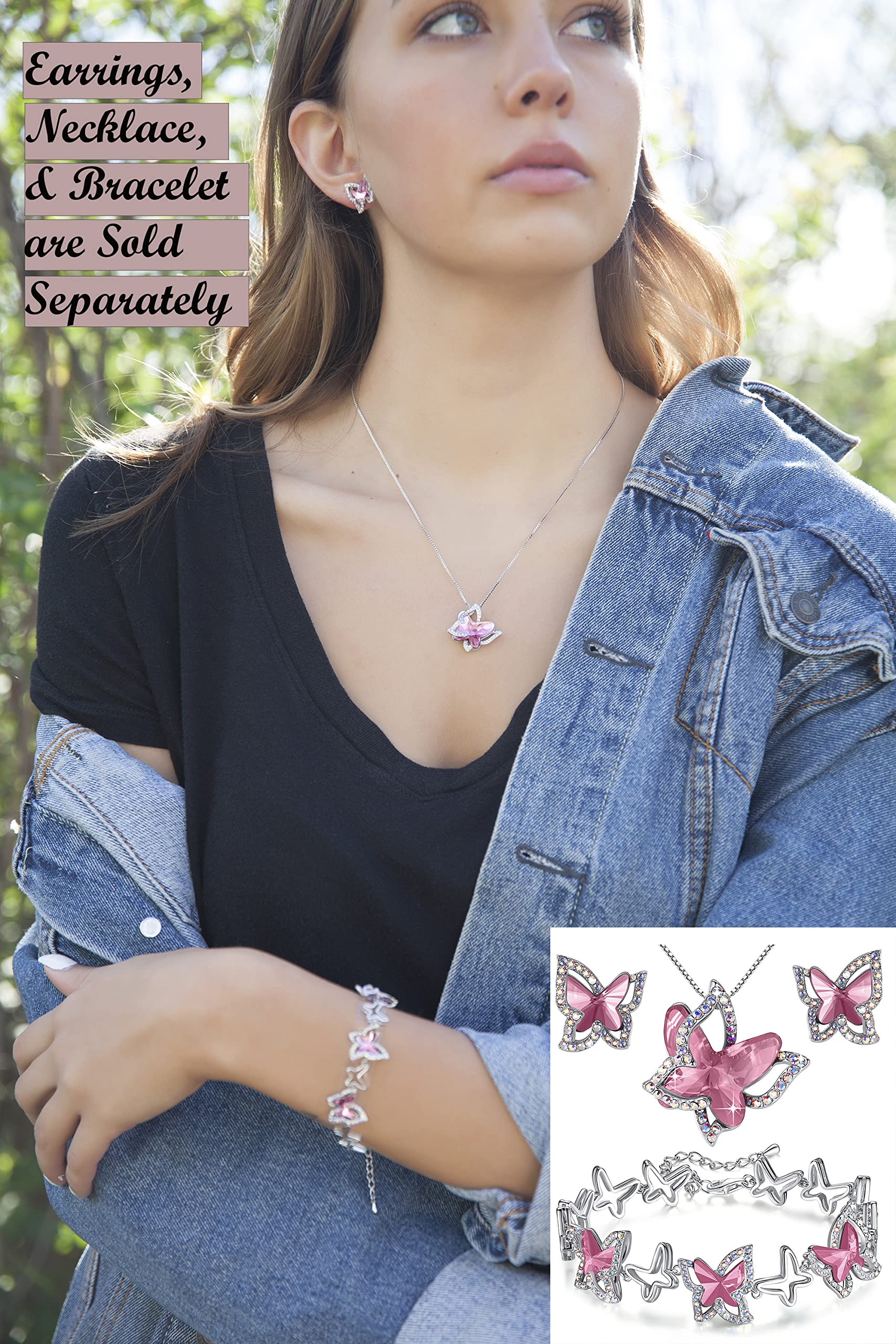 Butterfly Birthstone Crystal Necklace for Women - Sterling Silver Tone with 18