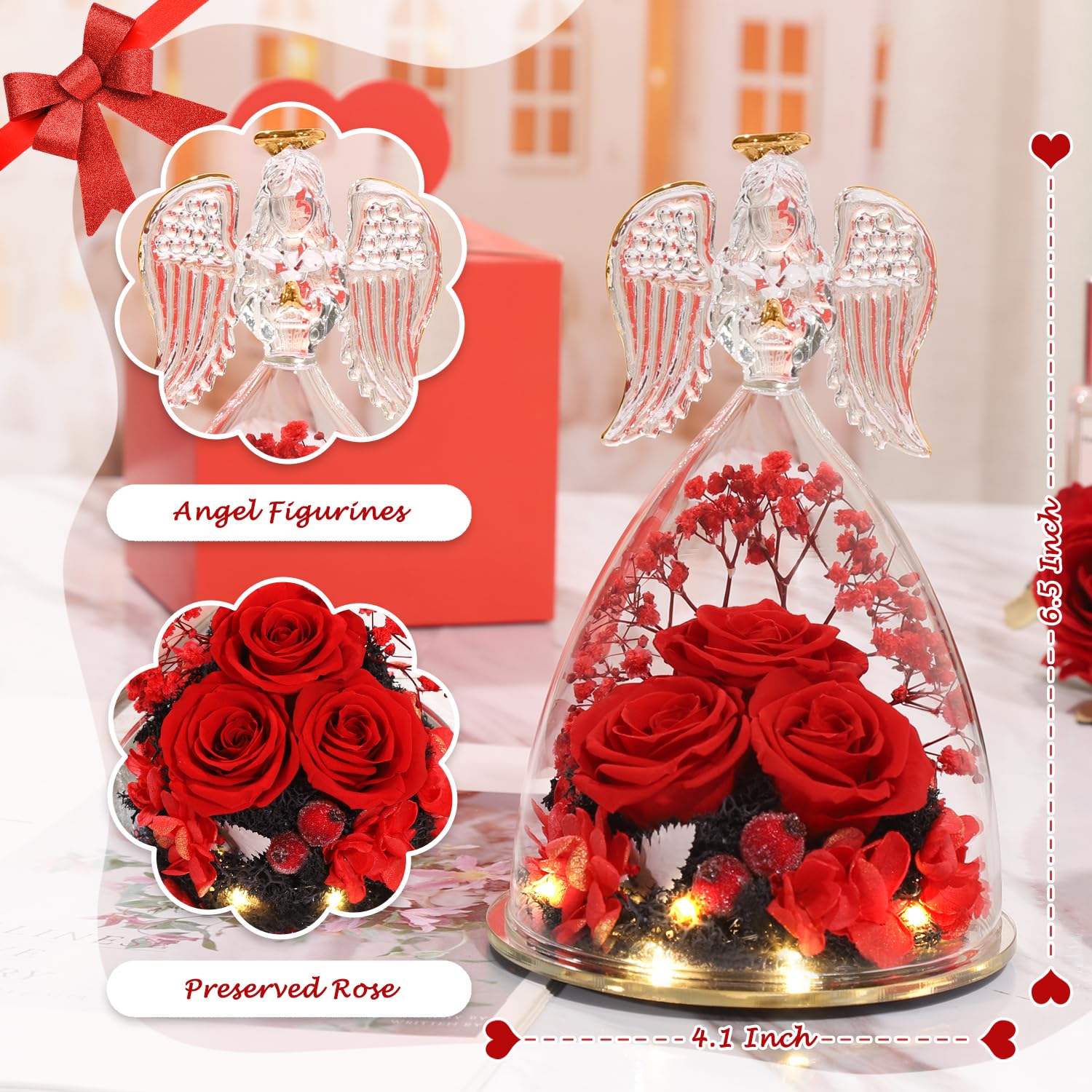 ANWEAO Preserved Rose in Glass Angel Figurine - Eternal Red Rose Gift for Mom, Grandma, Wife, Sister | Mother's Day, Birthday, Anniversary Present | Home Decor, Wedding Centerpiece, Romantic Gift Idea