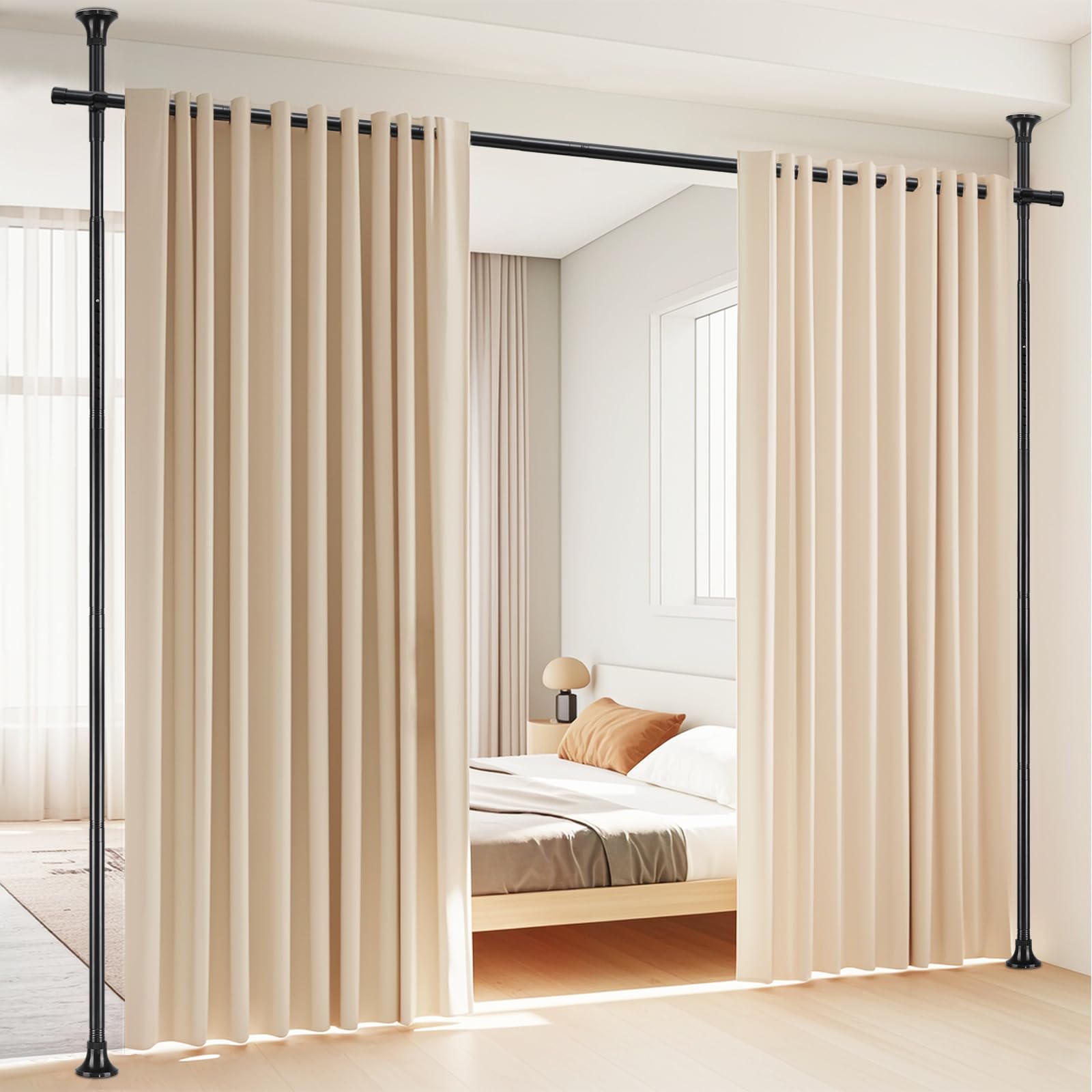 **No Drill Room Divider - Adjustable 4-10ft Height & 28-70in Width Heavy Duty Tension Curtain Rod for Space Partition | Floor to Ceiling Privacy Separator | Perfect for Studios, Dorms, Offices & Temporary Dividers (Black)**
