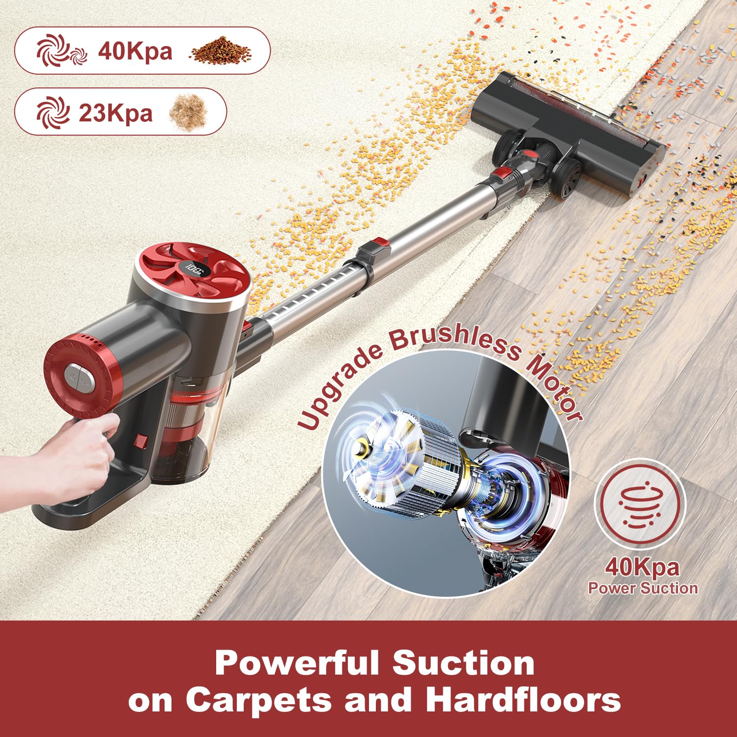 Powerful Cordless Vacuum Cleaner - 40Kpa Strong Suction, Self-Standing Stick Vacuum with LED Display, 40Min Runtime Brushless Motor, Lightweight for Hardwood Floors & Carpets - Ideal for Pet Hair Cleaning & Home Use (Red)