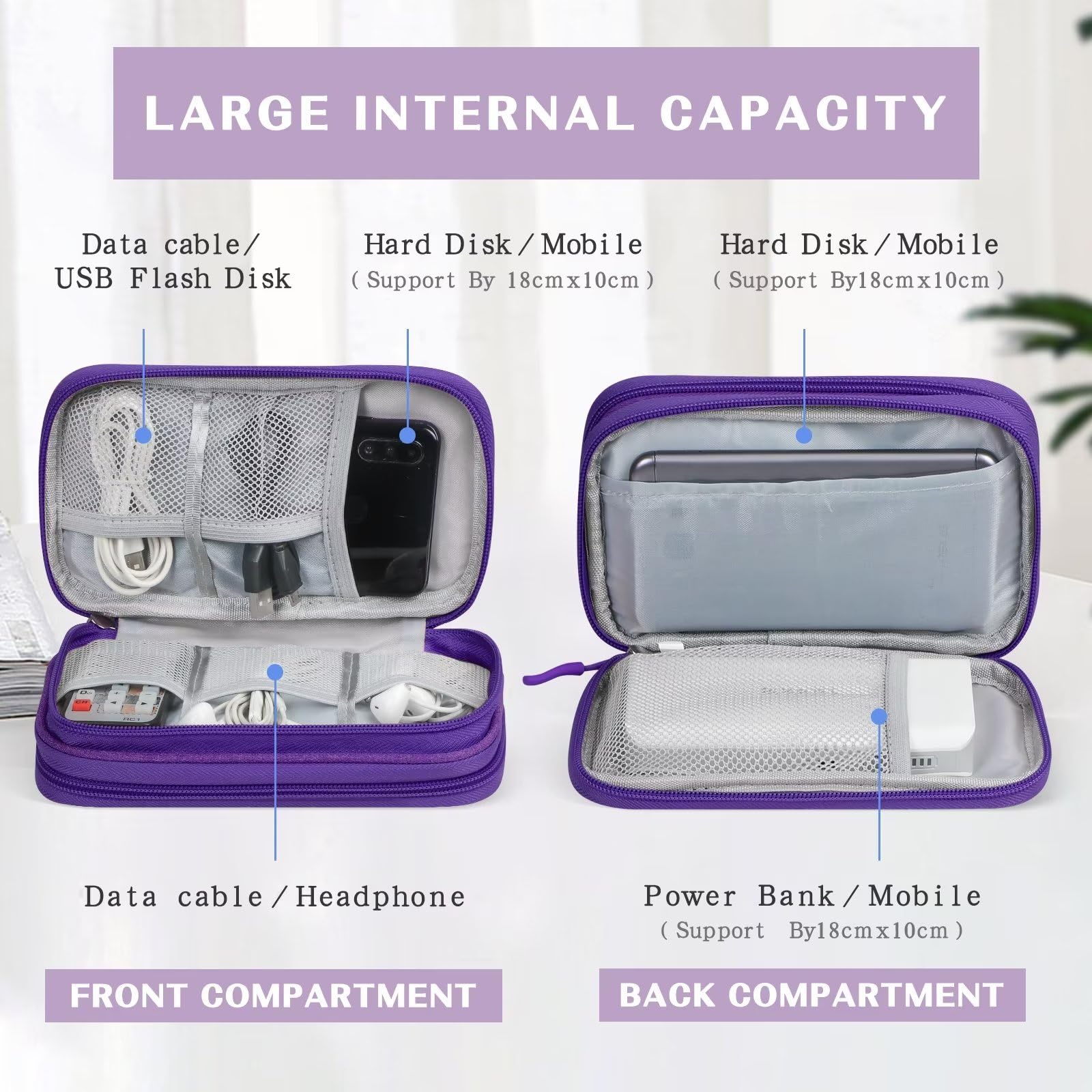 FYY Electronic Organizer Bag - Waterproof Travel Cable Organizer Pouch with Double Layers for Charger, Phone, Earphone & Accessories - Purple | Perfect for Travel, Office & Home Storage