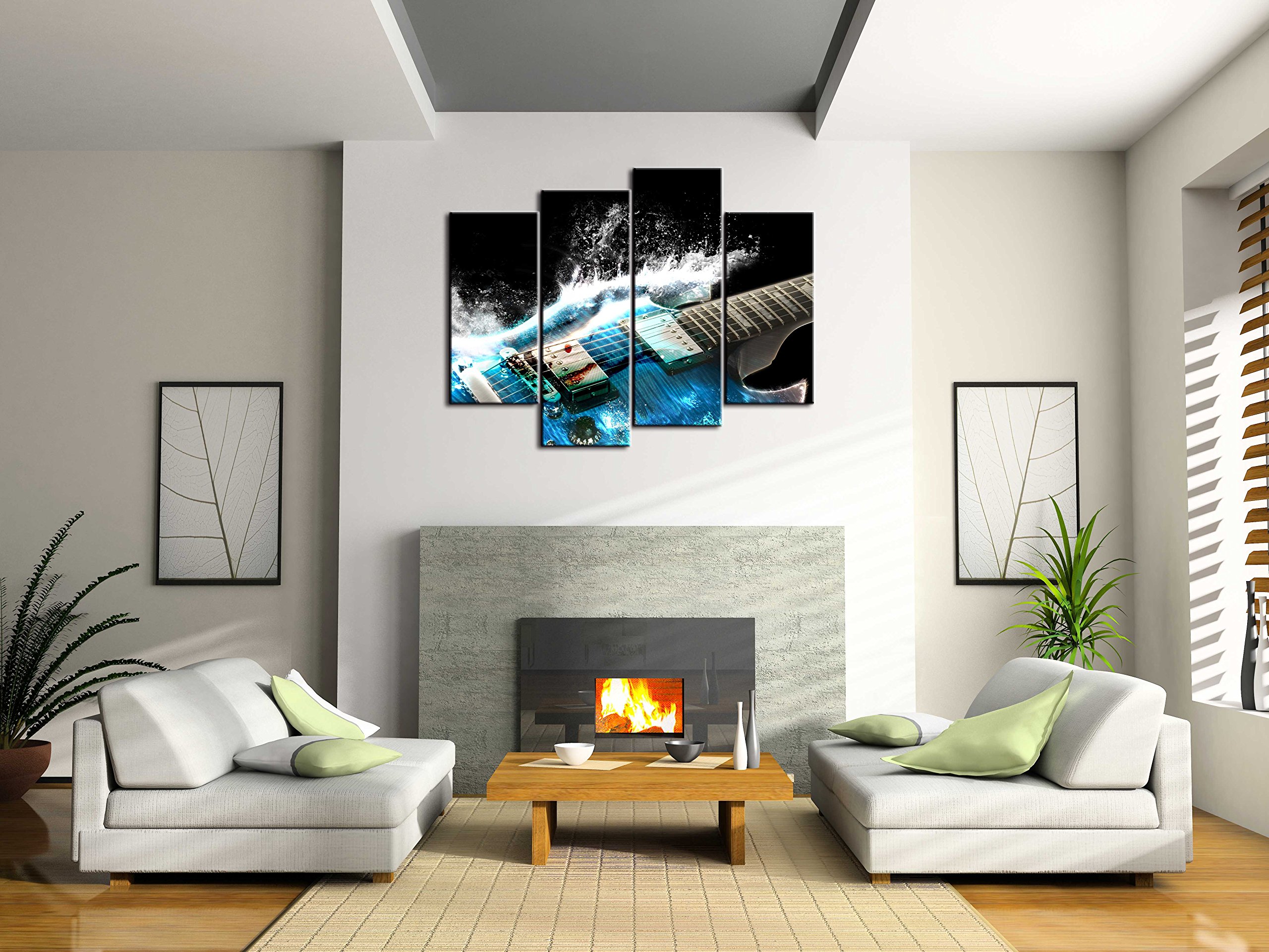 Blue Guitar & Wave Canvas Art - 4 Panel Music Wall Decor for Living Room Gifts