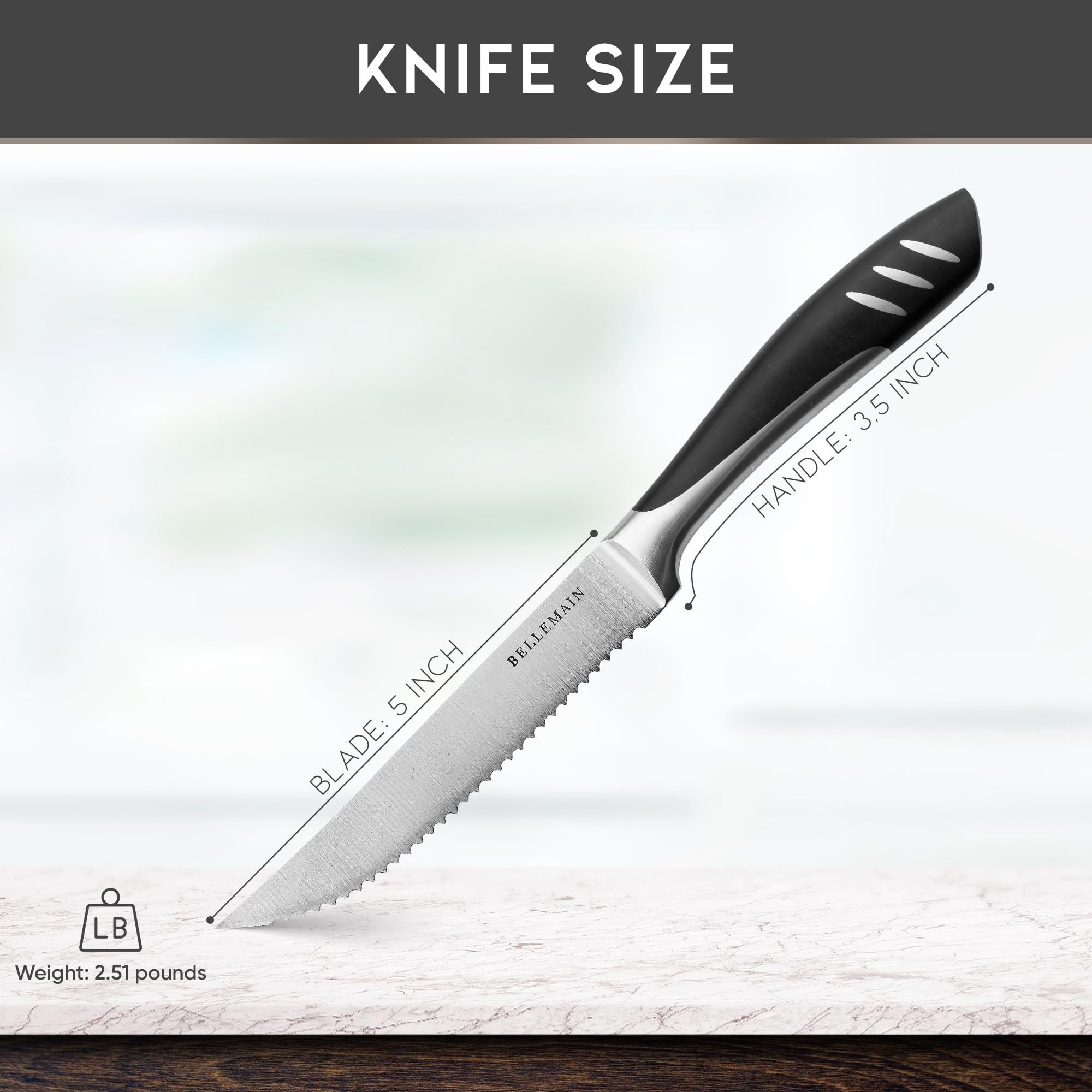 Bellemain Premium 8-Piece Steak Knife Set - High-Quality Stainless Steel Blades for Precise Cutting - Lightweight & Durable Serrated Steak Knives - Dishwasher Safe - Perfect for Steak Dinners, BBQ Parties & Fine Dining