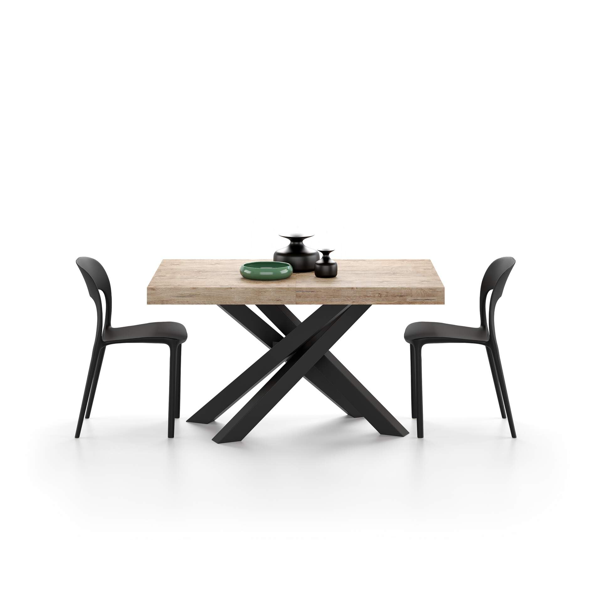 Expandable Oak Dining Table 86.6 x 35.4 Inches - Italian Modern Kitchen & Living Room Furniture with Black Crossed Legs - Seats 6-10 People - Perfect for Family Gatherings & Dinner Parties