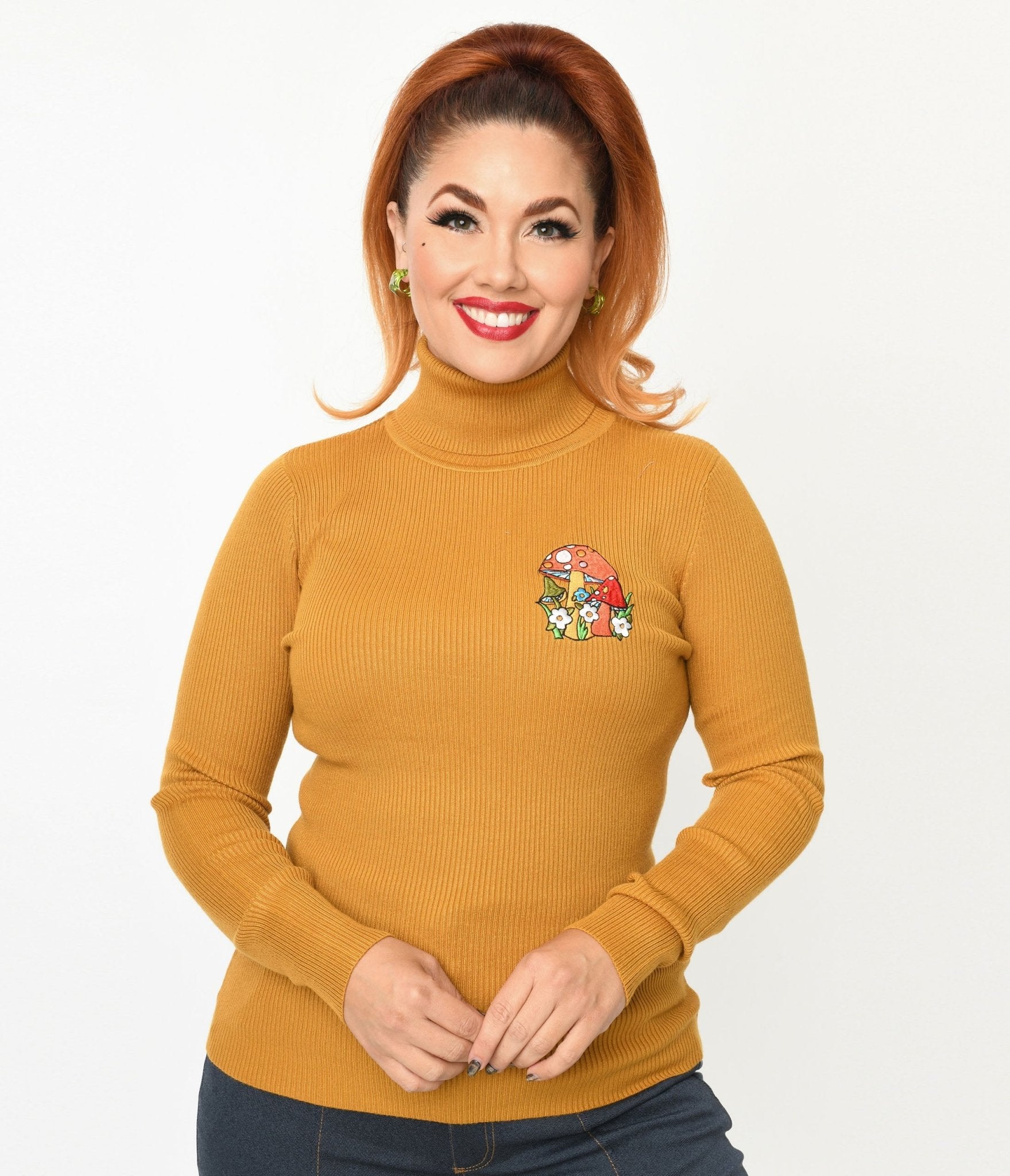 Mustard Yellow Mushroom Embroidered Turtleneck Sweater for Women | Cozy Fall Winter Knit Pullover | Casual Vintage Style Top for Autumn Outfits & Coffee Dates