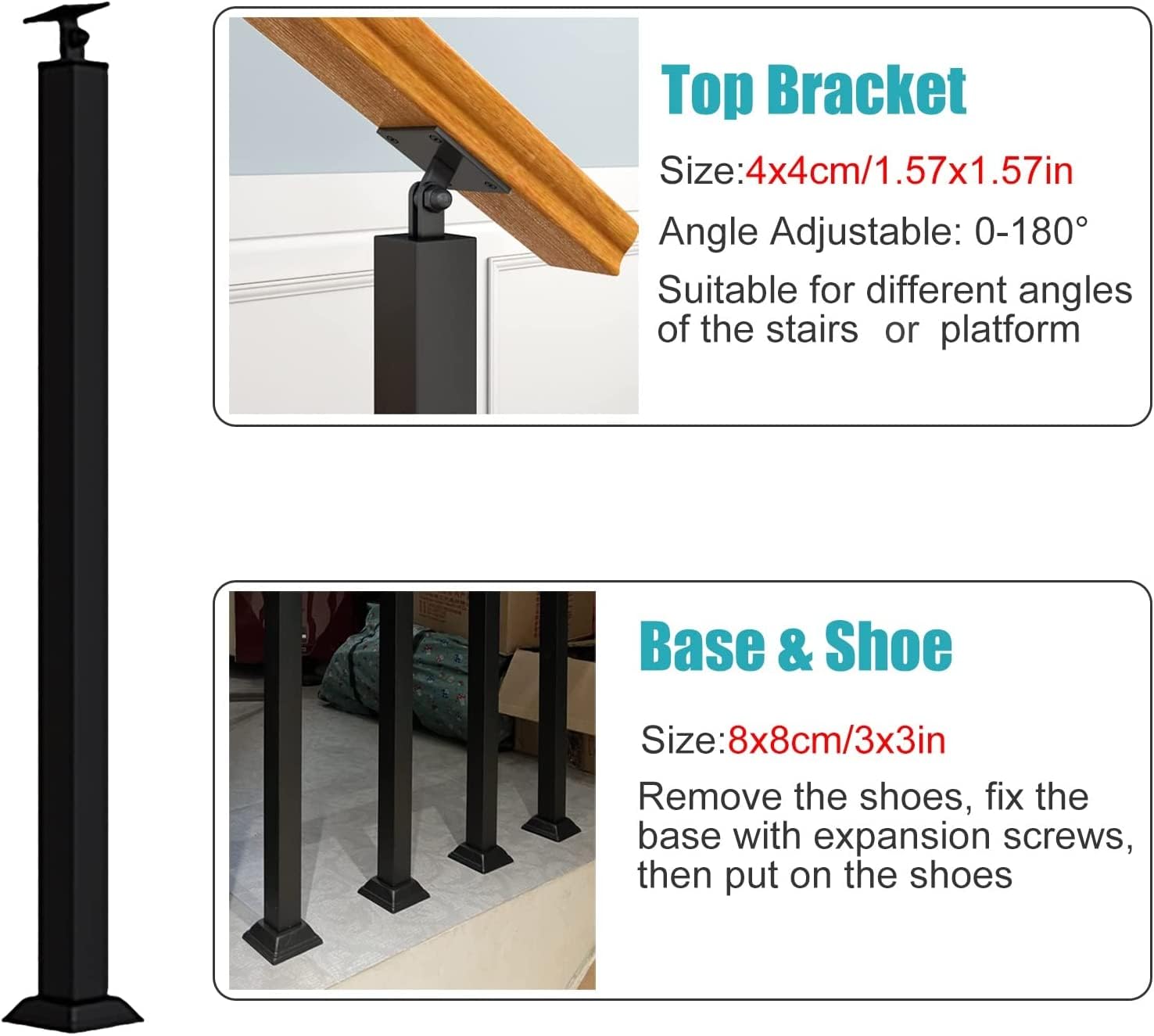 ZEONIK Square Glass Railing Post Clamp - 27 to 43 Inch Adjustable Height for Staircase, Deck & Balcony Railings - Durable Stainless Steel Handrail Bracket for Indoor & Outdoor Use