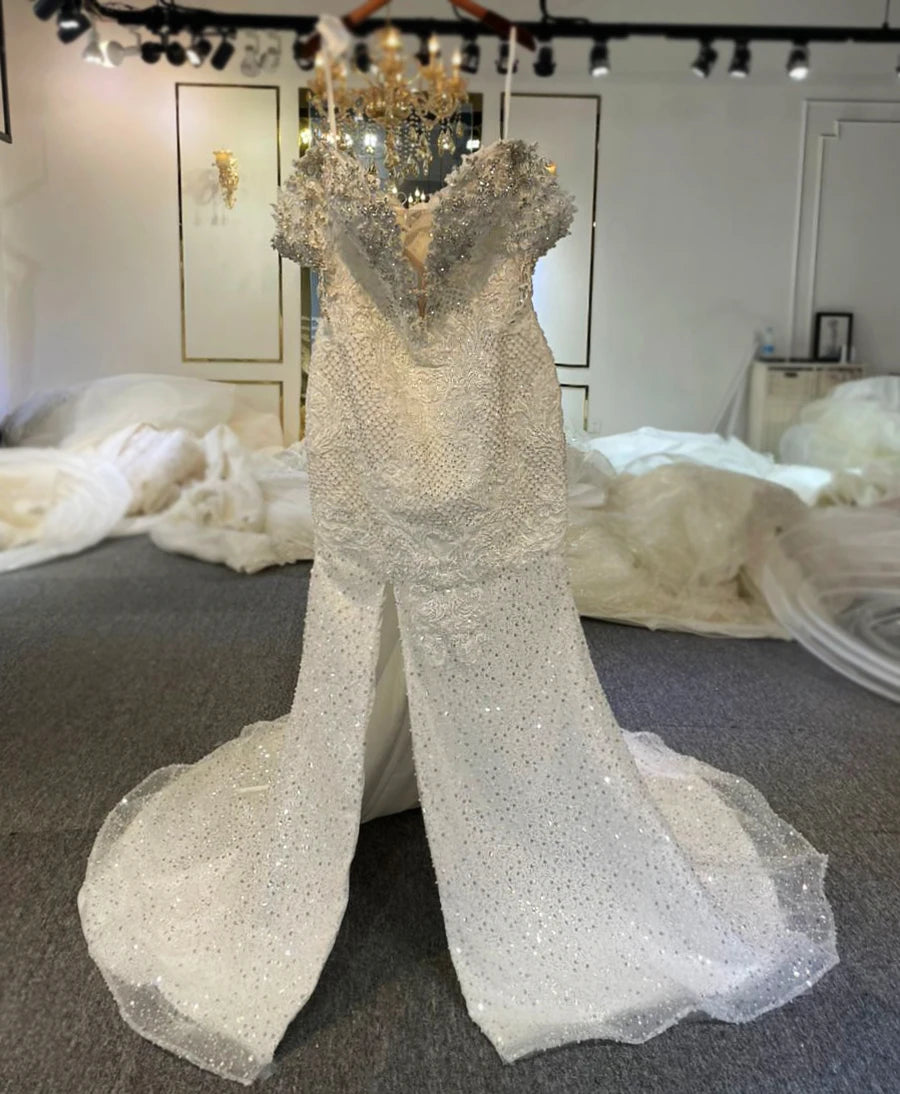 Elegant Off Shoulder Lace Crystal Wedding Dress with Detachable Ruffle Skirt - 2 in 1 Bridal Gown for Beach, Church & Outdoor Ceremonies