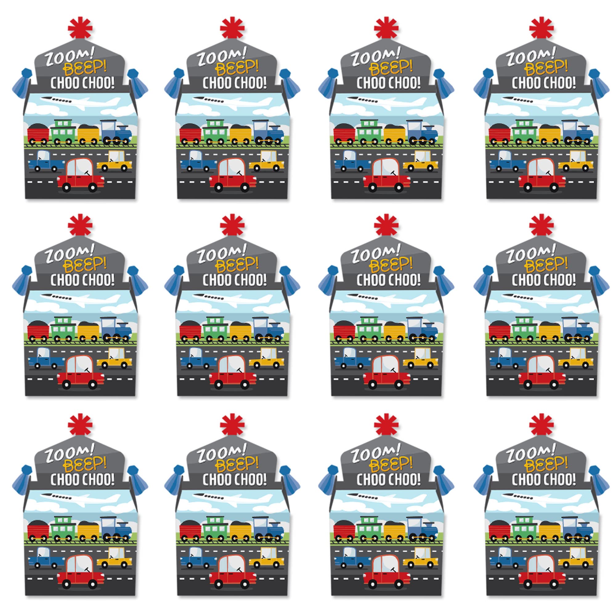 Big Dot of Happiness Transportation Party Favors - 12-Pack Cars, Trains & Airplanes Themed Treat Boxes for Kids Birthday Parties, Baby Showers & School Events