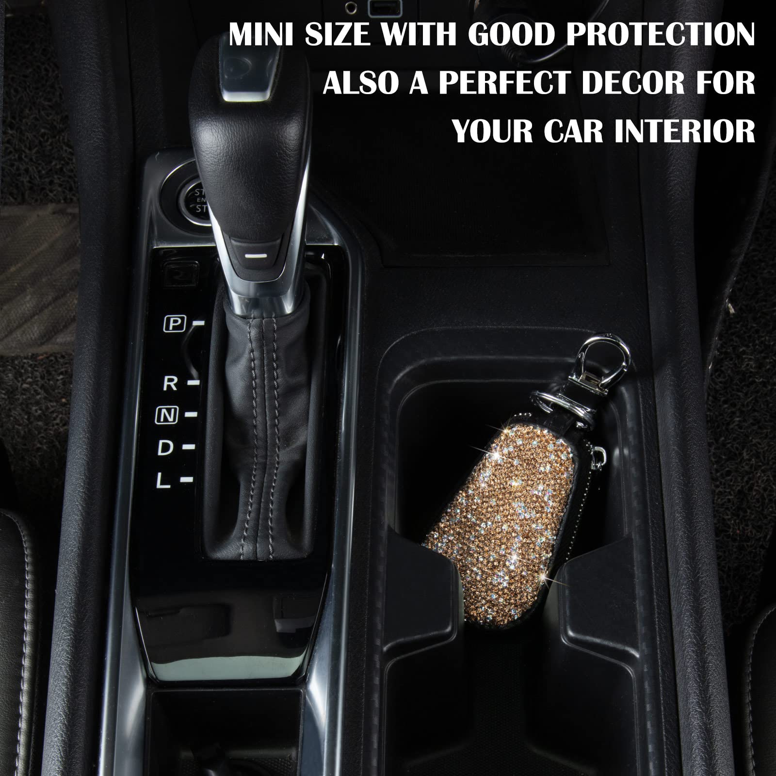 5-Pack Gold Leather Car Key Case with Metal Hook & Keyring - Bling Crystal Keychain Holder for Remote Key Fob, Zipper Pouch Bag - Perfect for Women's Handbags, Purse Charms & Auto Key Organization (Gold)
