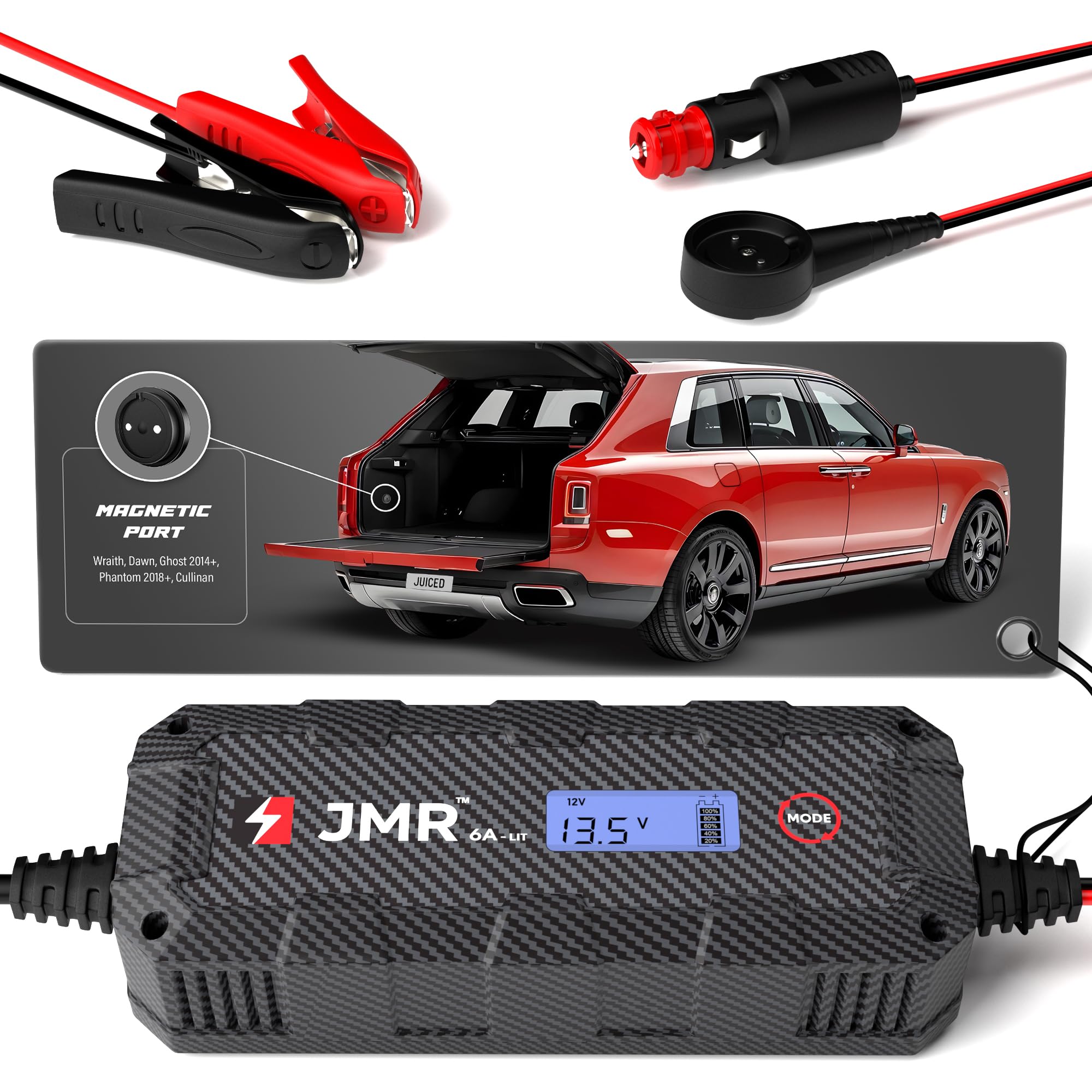 Premium 12V 6A Automotive Battery Charger for Rolls-Royce Wraith/Dawn/Cullinan/Ghost/Phantom - Smart Magnetic Port with Lithium Mode - Perfect for Luxury Car Maintenance & Winter Storage