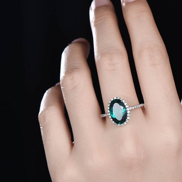 Vintage Emerald and Diamond Halo Wedding Ring - 8x11mm Oval Cut Emerald with Half Eternity Diamond Band in 14K White Gold - Perfect for Engagement, Anniversary, and Bridal Jewelry Gifts