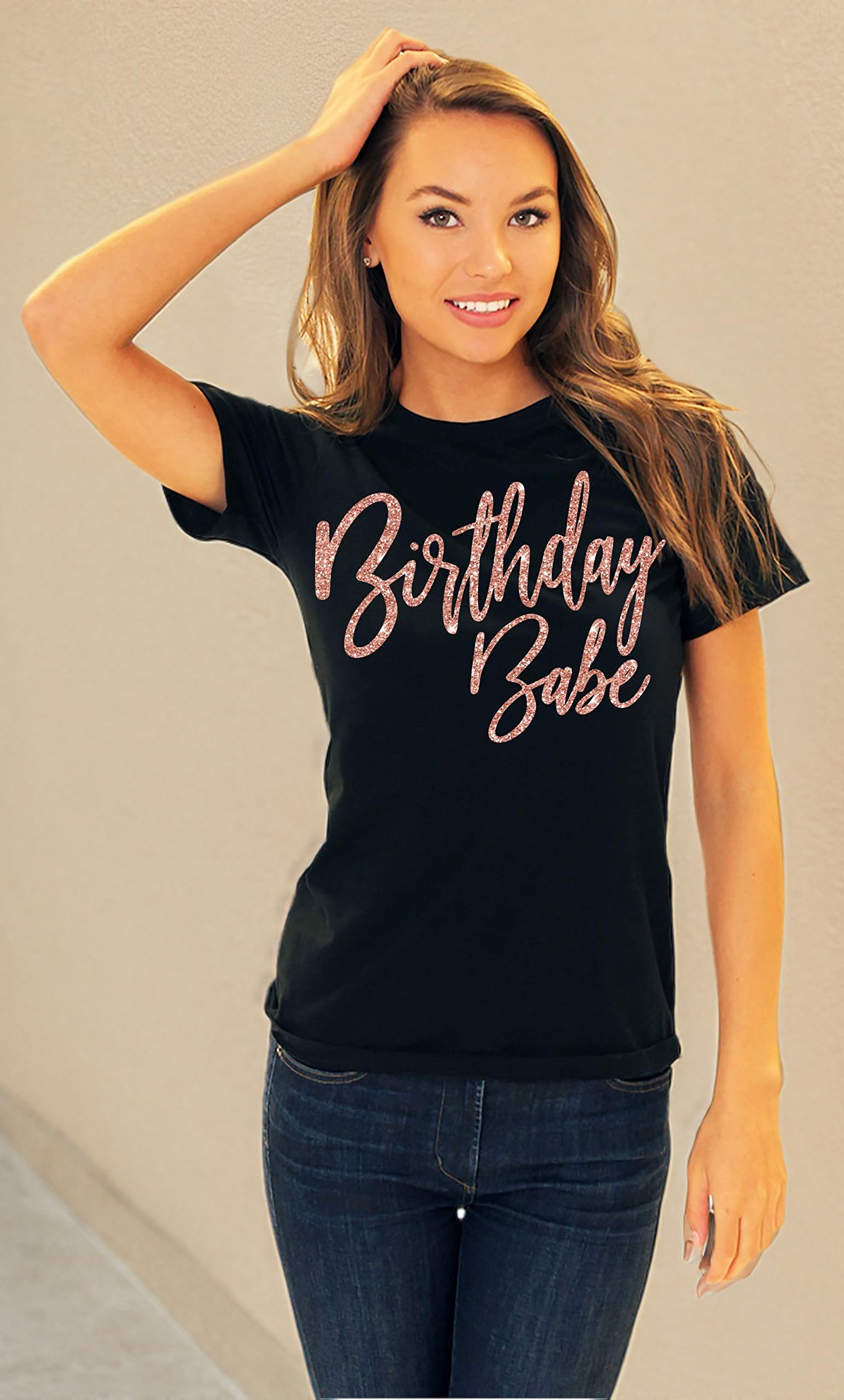 Women's Birthday Squad Rose Gold Glam T-Shirt - Black Party Tee for Women - Small Size - Perfect for Girls' Night Out, Bachelorette Parties & Birthday Celebrations