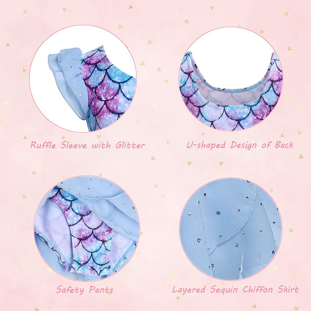 Boyoo Girls Ballet Leotard with Tutu Skirt - Ruffle Sleeve Sparkle Dance Dress for Ages 3-11 (Mermaid, 3-4T) - Perfect for Recitals, Performances, Ballet Class, Dance Competitions & Birthday Parties