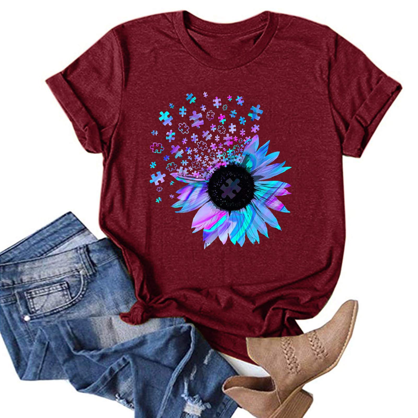 Women's Summer Casual Short Sleeve Sunflower Graphic Tee - Vintage Loose Fit Workout Shirt & Blouse - Perfect for Yoga, Beach Outings, and Casual Wear