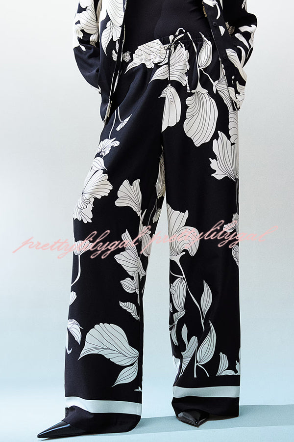 Stylish Printed Lapel Long Sleeve Blouse with Elastic Waist Casual Pants Set - Women's Loose Fit Wide Leg Trousers & Pocket Details for Office, Travel and Everyday Wear