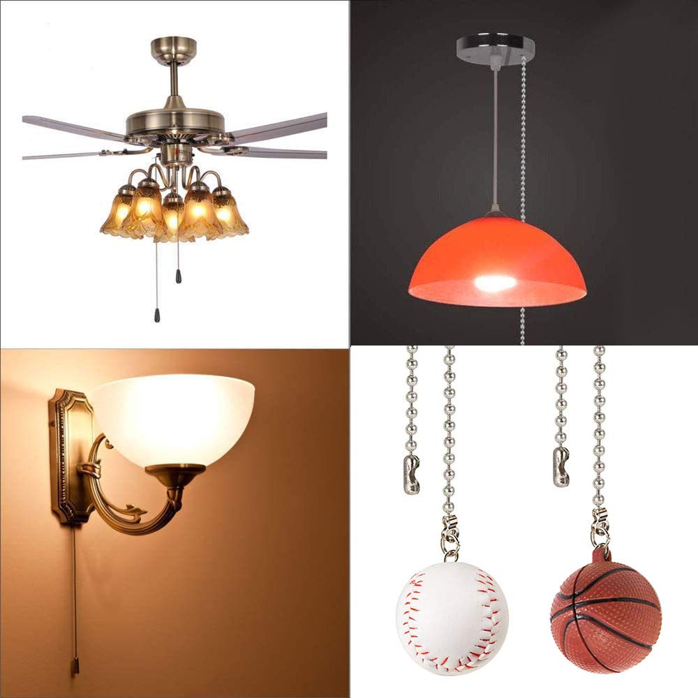 Baseball & Basketball Ceiling Fan Chain Pulls - 12 Inch Decorative Extension Pendant Set for Light & Fan (Nickel) - Perfect for Sports-Themed Bedrooms, Game Rooms & Man Caves