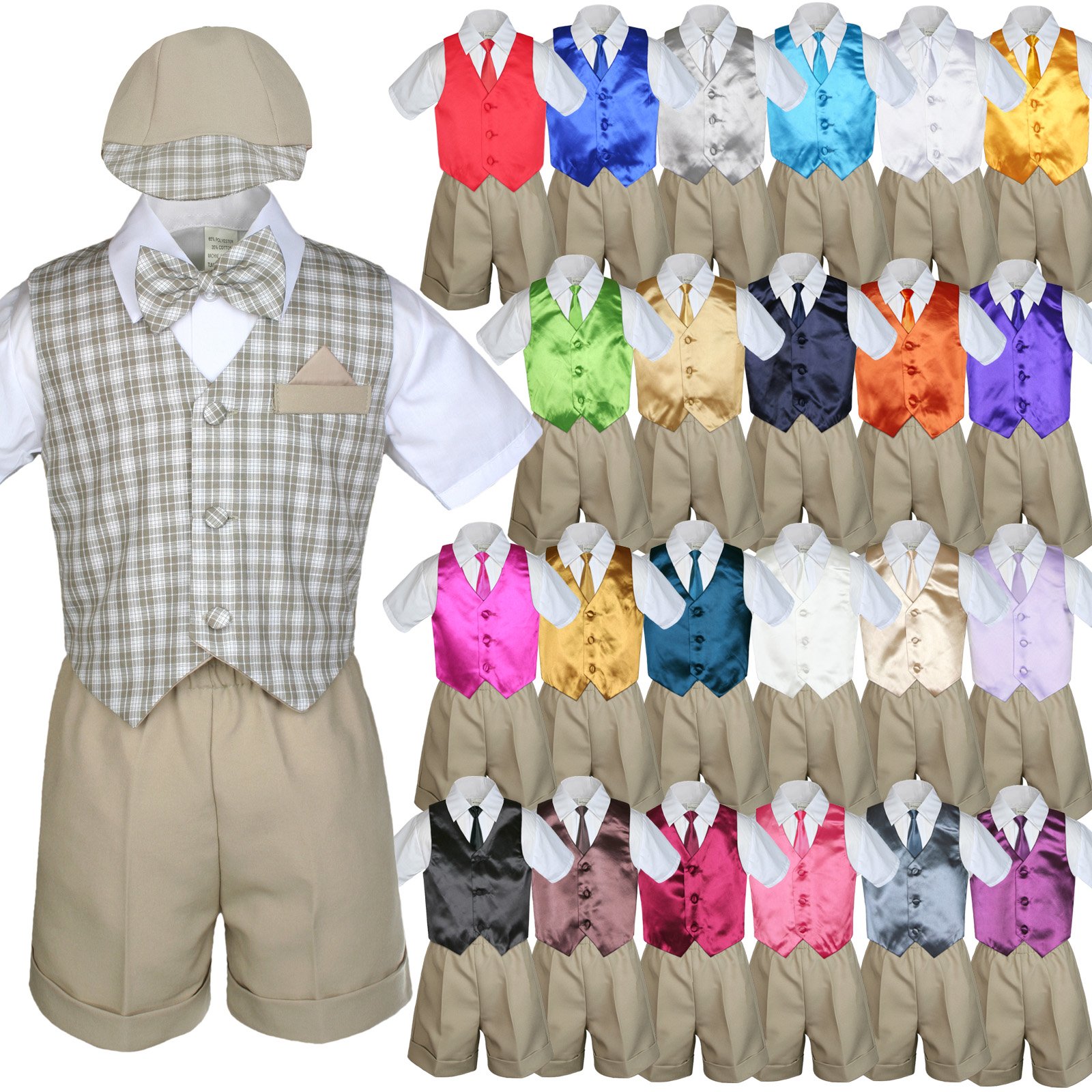 7-Piece Baby Boy Khaki Formal Shorts Check Suit Set with Extra Vest & Necktie - Sizes S-4T (2T, Coral Red) - Perfect for Weddings, Parties & Special Occasions