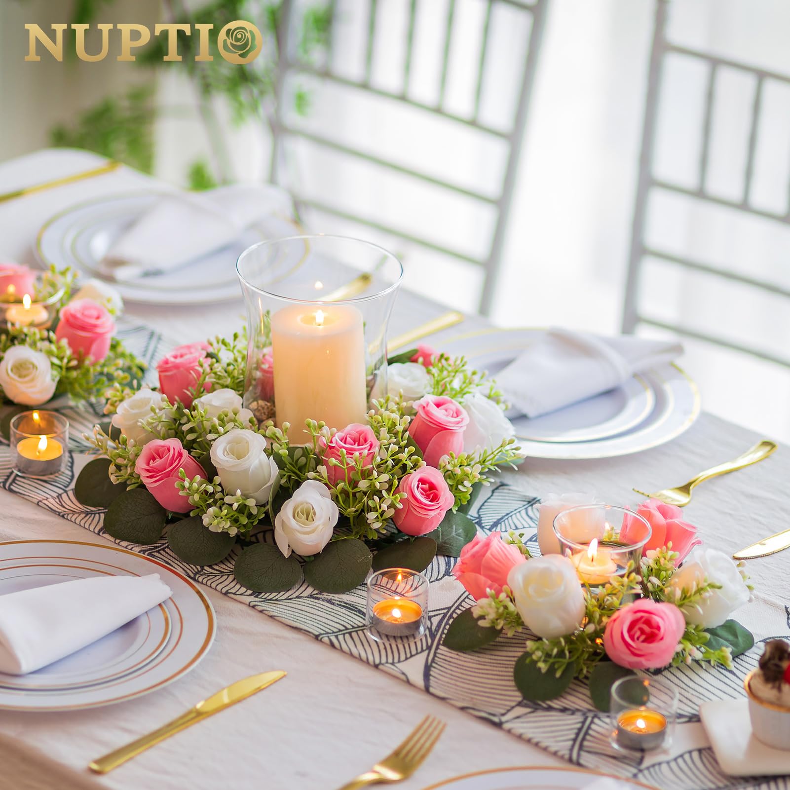 NUPTIO 6-Pack 14 Inch Artificial Flower Candle Rings - Pink & White Fake Roses Wreath for Wedding Centerpieces, Table Decor, Front Door Wreath, Spring Summer Party & Ceremony Decorations - Perfect for Weddings, Baby Showers, and Home Decor