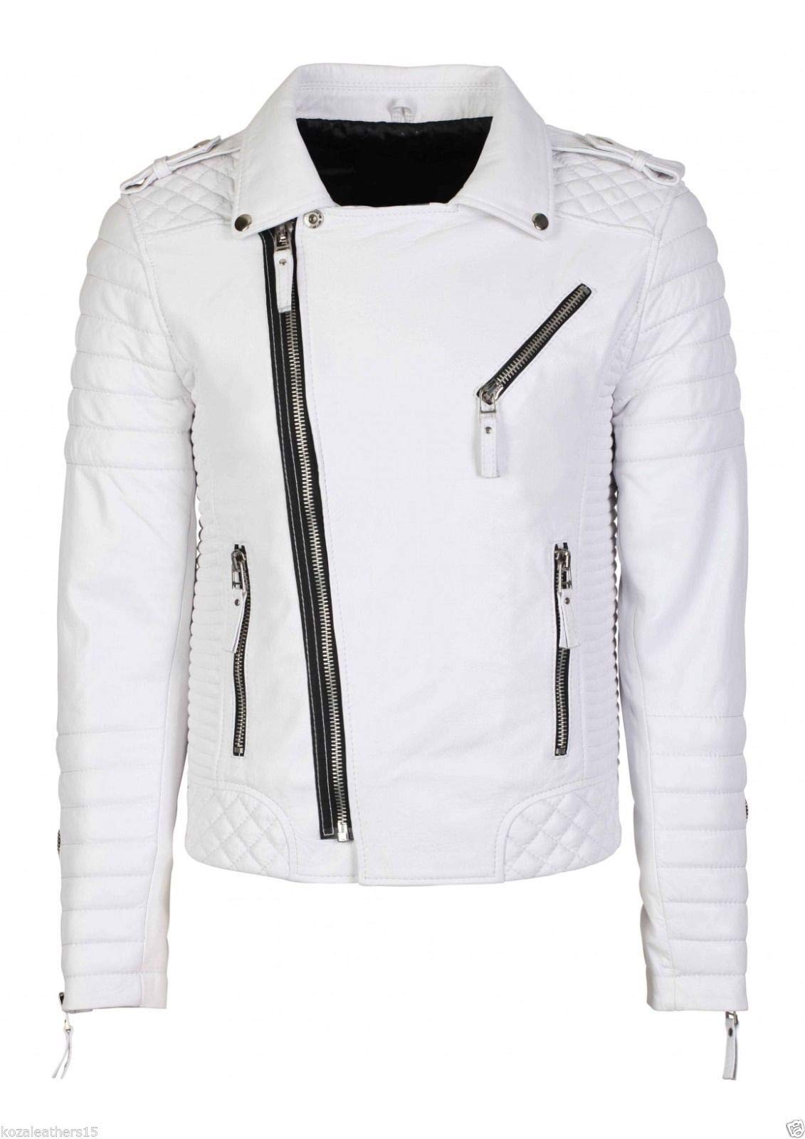 Men's Distressed Leather Jacket with Zipper & Long Sleeves - Classic White Biker Style Bomber Jacket for Motorcycle Riding & Casual Outfits