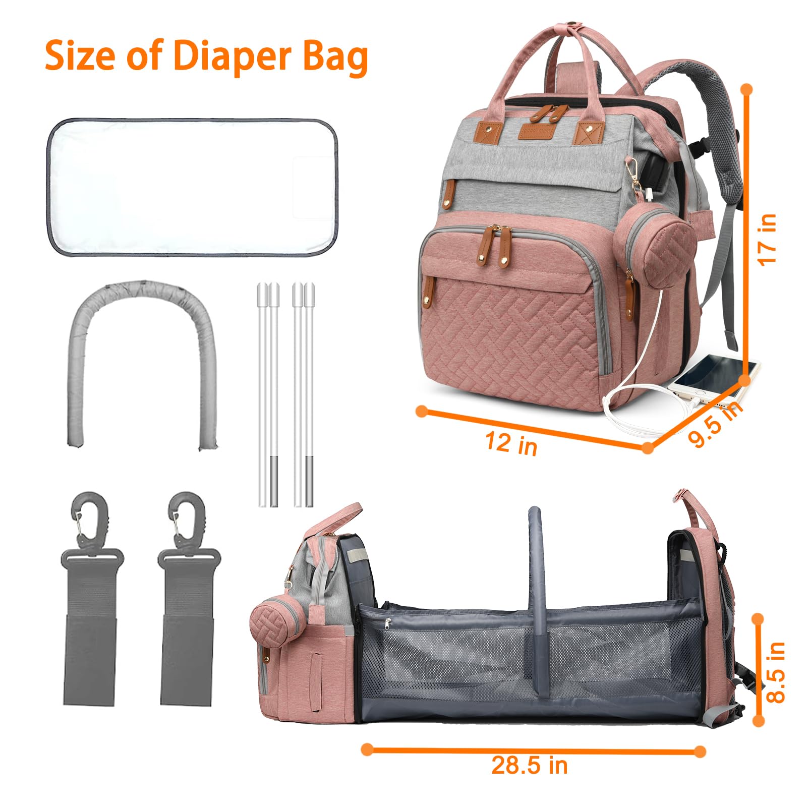 Waterproof Diaper Backpack with Changing Station & USB Charging Port - Large Capacity Baby Bag for Moms & Dads (Grey/Pink) | Perfect Baby Shower Gift & Travel Essential for On-the-Go Parents