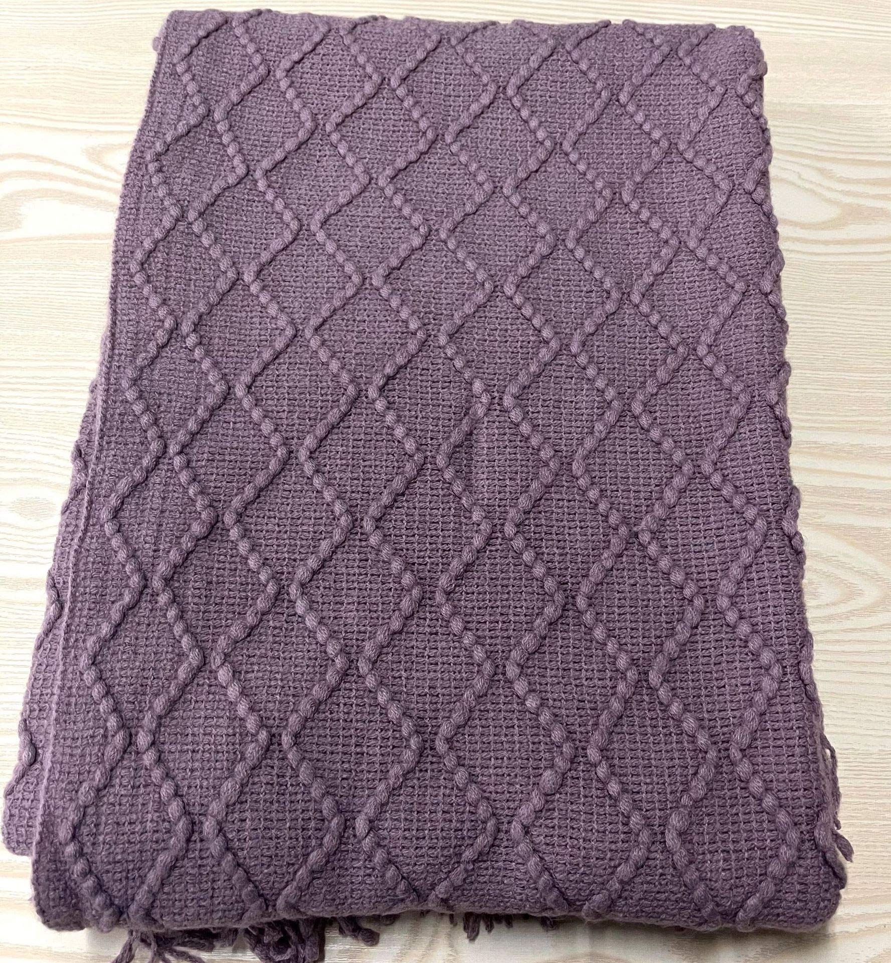 Soft Knitted Sofa Blanket Cover - Light Purple Tassel Throw Blanket for Bed, Couch & Air Conditioning - Cozy Nap Blanket for Home, Office & Travel
