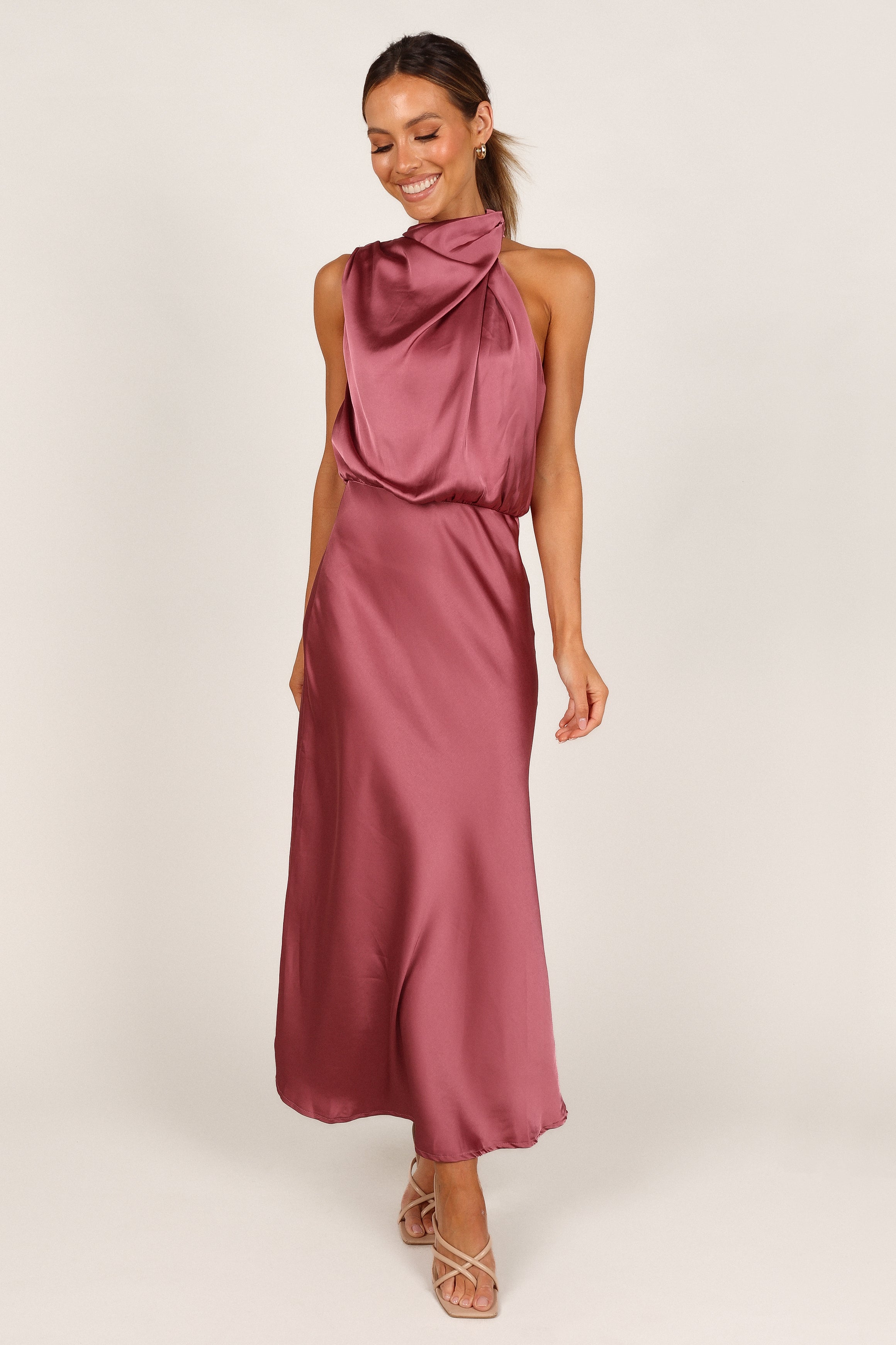Anabelle Halter Neck Midi Dress for Women - Elegant Dusty Rose Summer Dress for Weddings, Parties & Date Nights