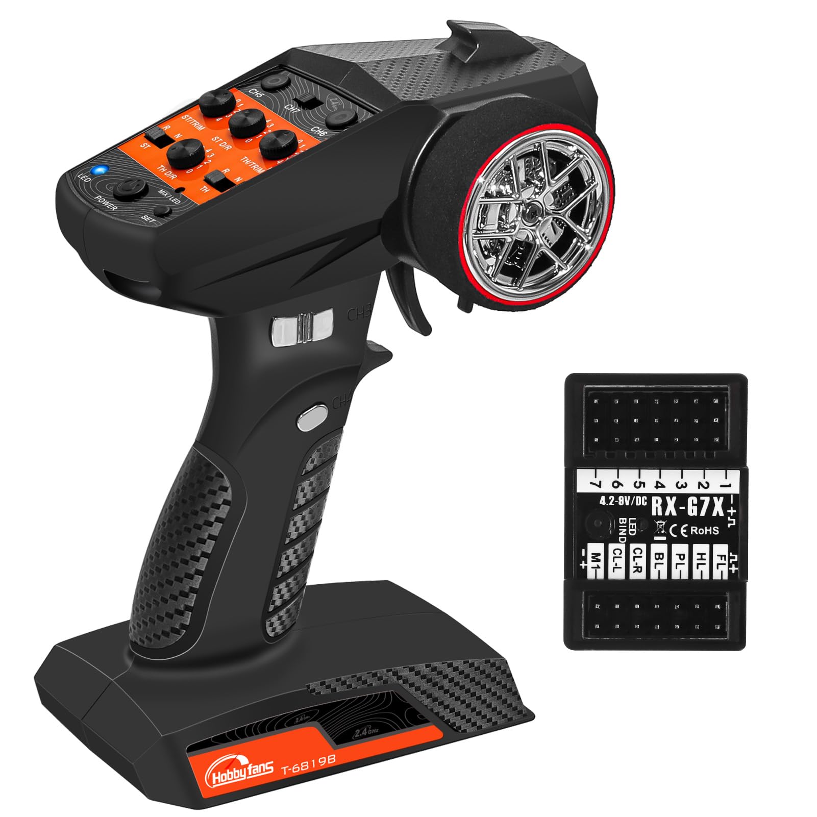 7CH 2.4G RC Transmitter and Receiver System with Anti-Jamming Technology - Remote Controller for RC Cars, Crawlers, Boats - Perfect for Hobbyists and Racing Enthusiasts (Ideal for Off-Road, Crawling and Water Racing Scenarios)