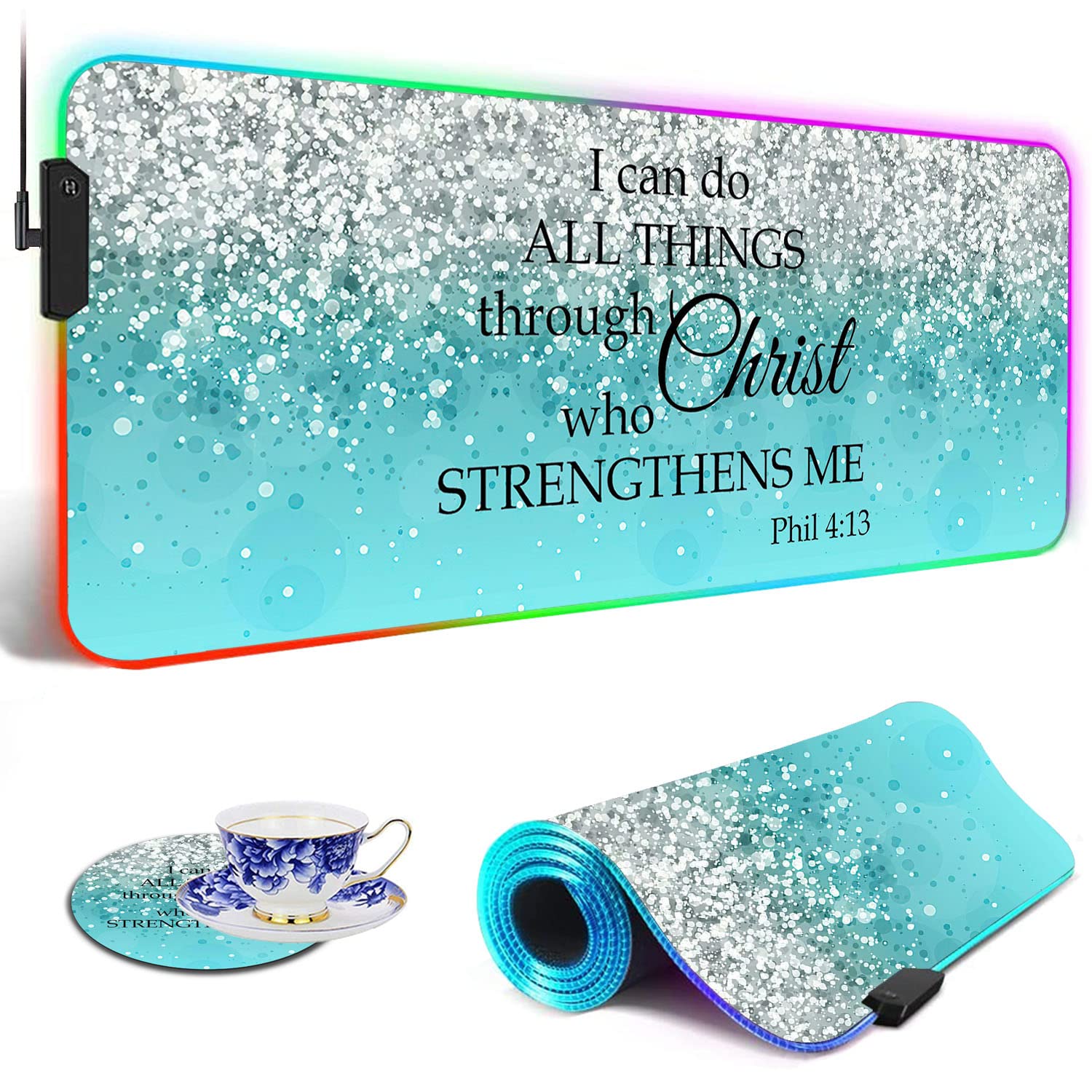RGB Gaming Mouse Pad with LED Lights - Large Non-Slip Desk Mat for Keyboard & Mouse - Waterproof Optical Surface - Perfect for PC Gaming Setup & Office Work - Features Philippians 4:13 Bible Verse in Blue Glitter Design