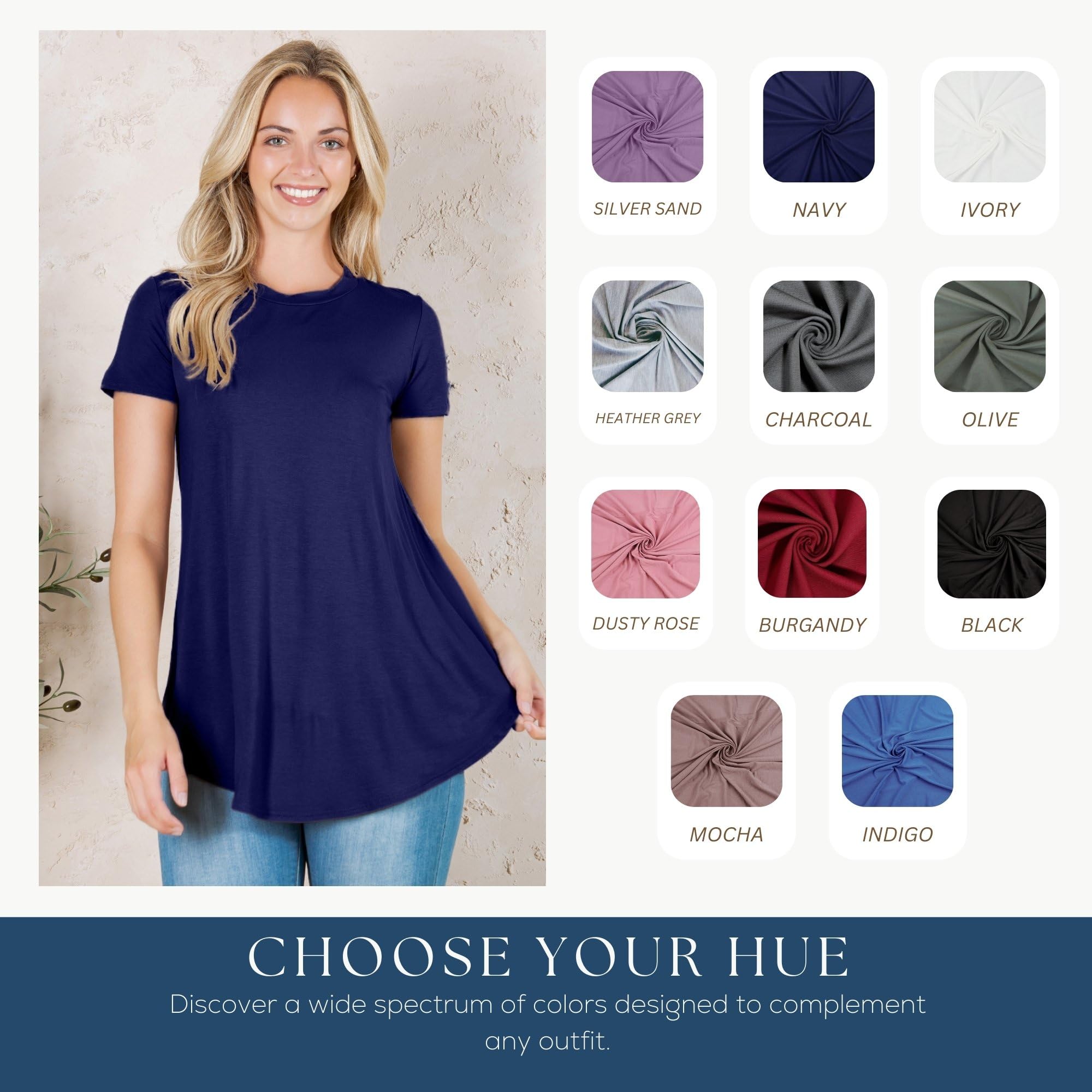 Azules Women's Short Sleeve Tunic Tops - Flowy Scoop Neck Blouse for Leggings | Casual Summer Outfit & Layering Shirt for Work, Travel & Daily Wear