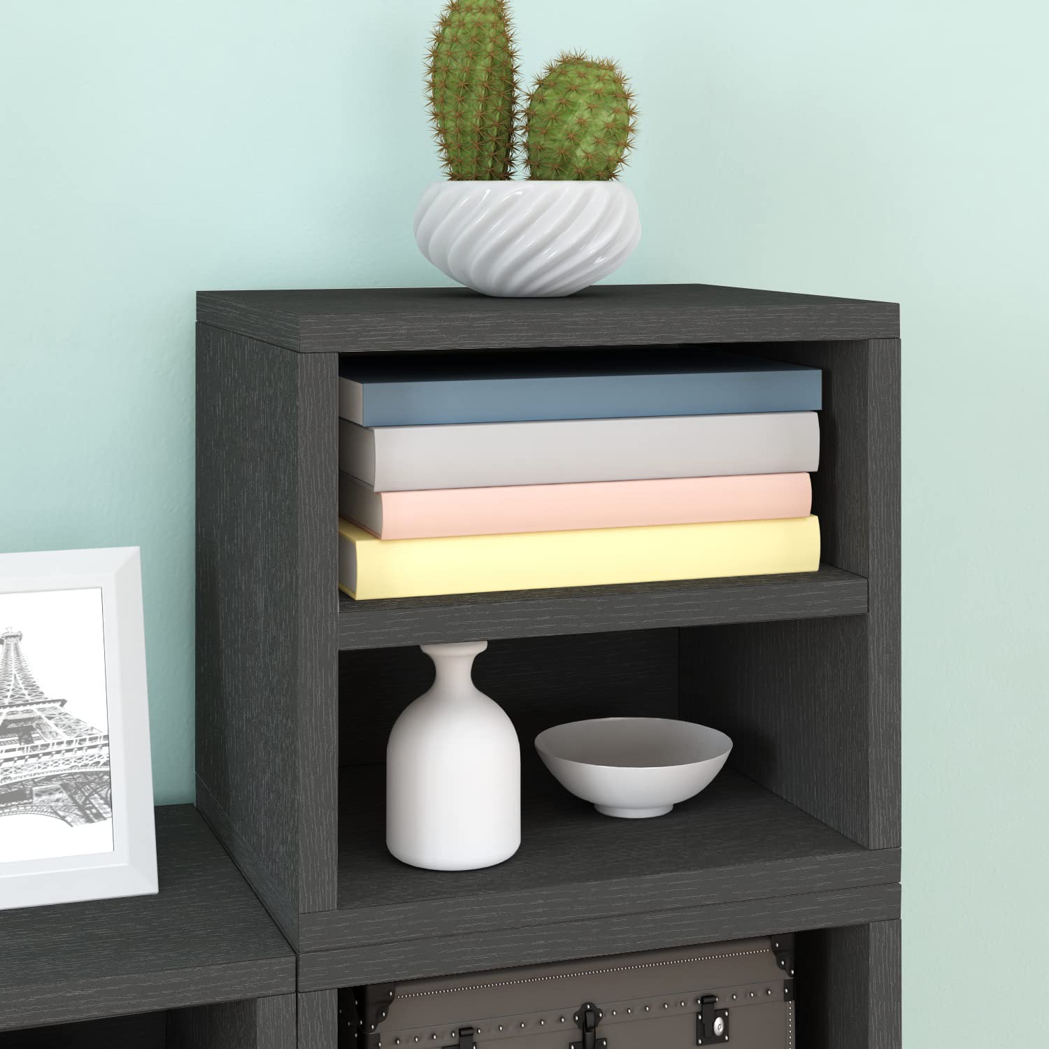 Way Basics Stackable Bookshelf Cube 2-Tier Shelf - Modular Closet Organizer & Storage Unit with Tool-Free Assembly (Charcoal Black) - Perfect for Bedroom, Office, Kids Room & Living Room Organization