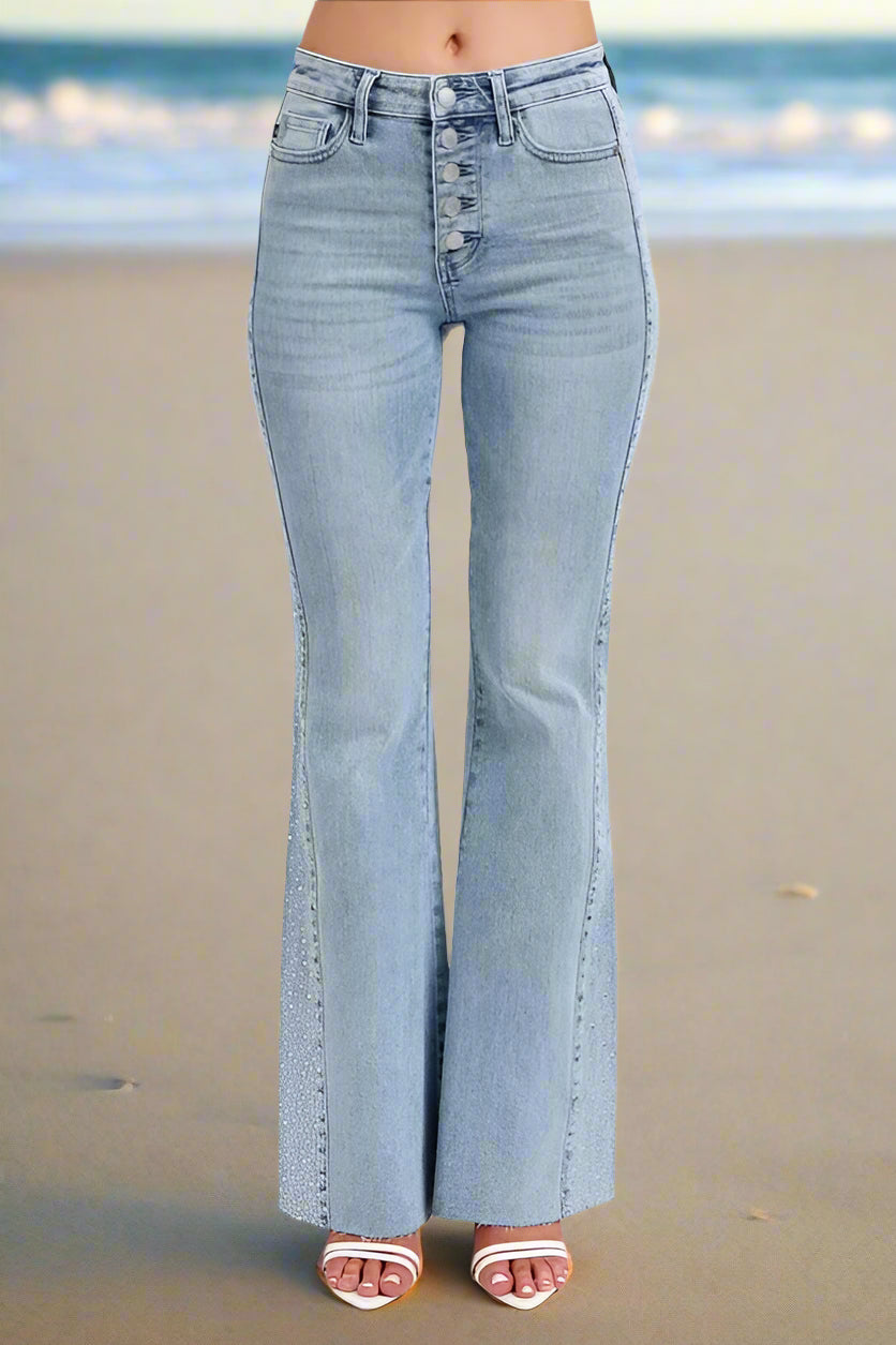 Judy Blue Women's Mid Rise Rhinestone Side Panel Flare Jeans - Stylish Stretch Denim Pants for Casual Wear & Night Out