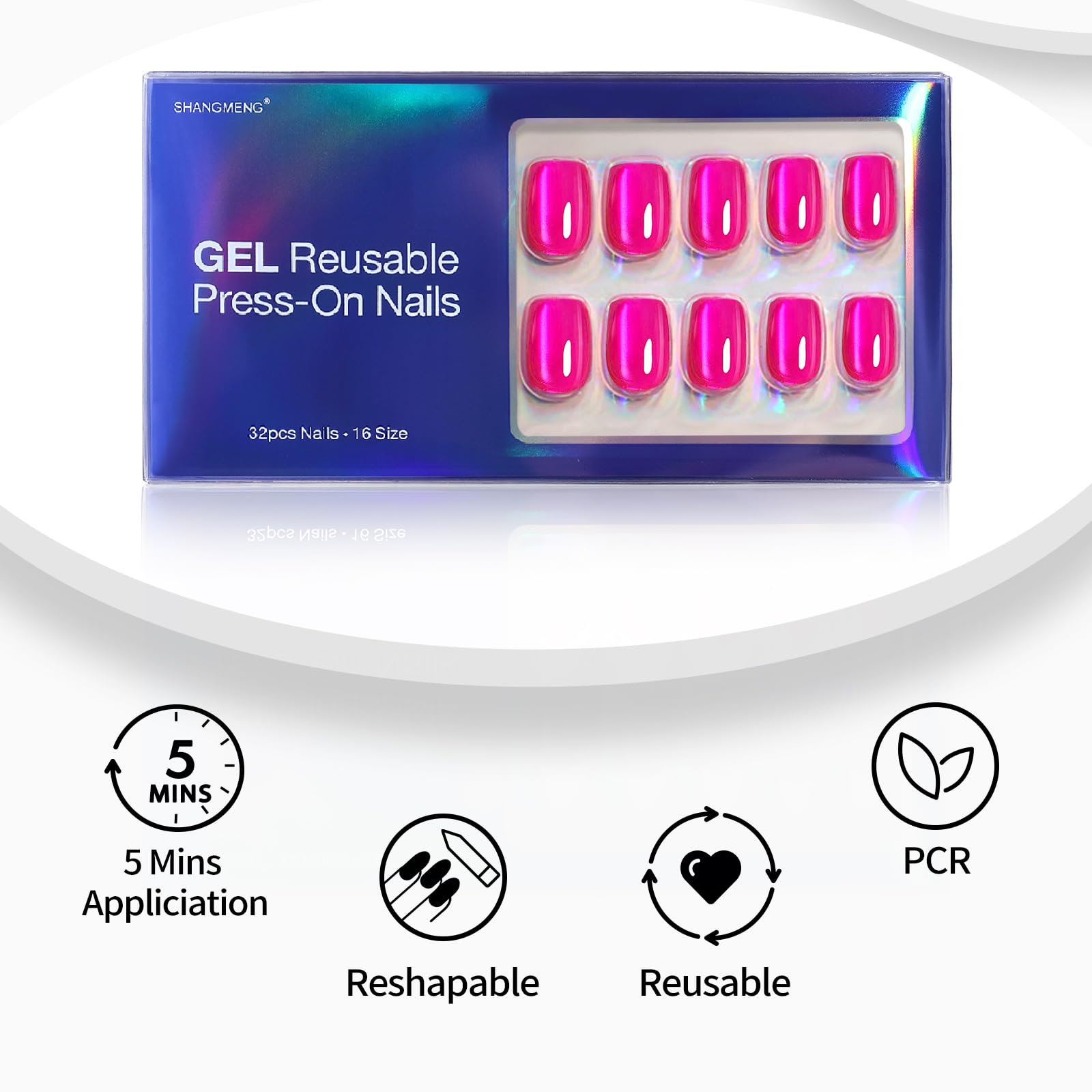 Soft Gel Hot Pink Press on Nails Short - Cat Eye Square Fake Nails for Women | 16 Sizes, 32 Reusable Nails with Glue | Natural Fit & Glossy Finish | Perfect for Parties, Weddings & Daily Wear