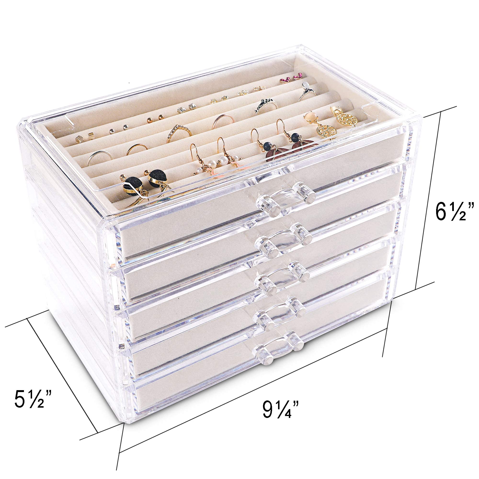 Frebeauty Extra Large 5-Layer Acrylic Jewelry Organizer Box with Drawers - Clear Velvet Display Case for Earrings, Rings, Necklaces - Perfect for Women's Jewelry Storage & Vanity Organization (Beige) | Ideal for Bedroom, Bathroom & Travel Jewelry Storage