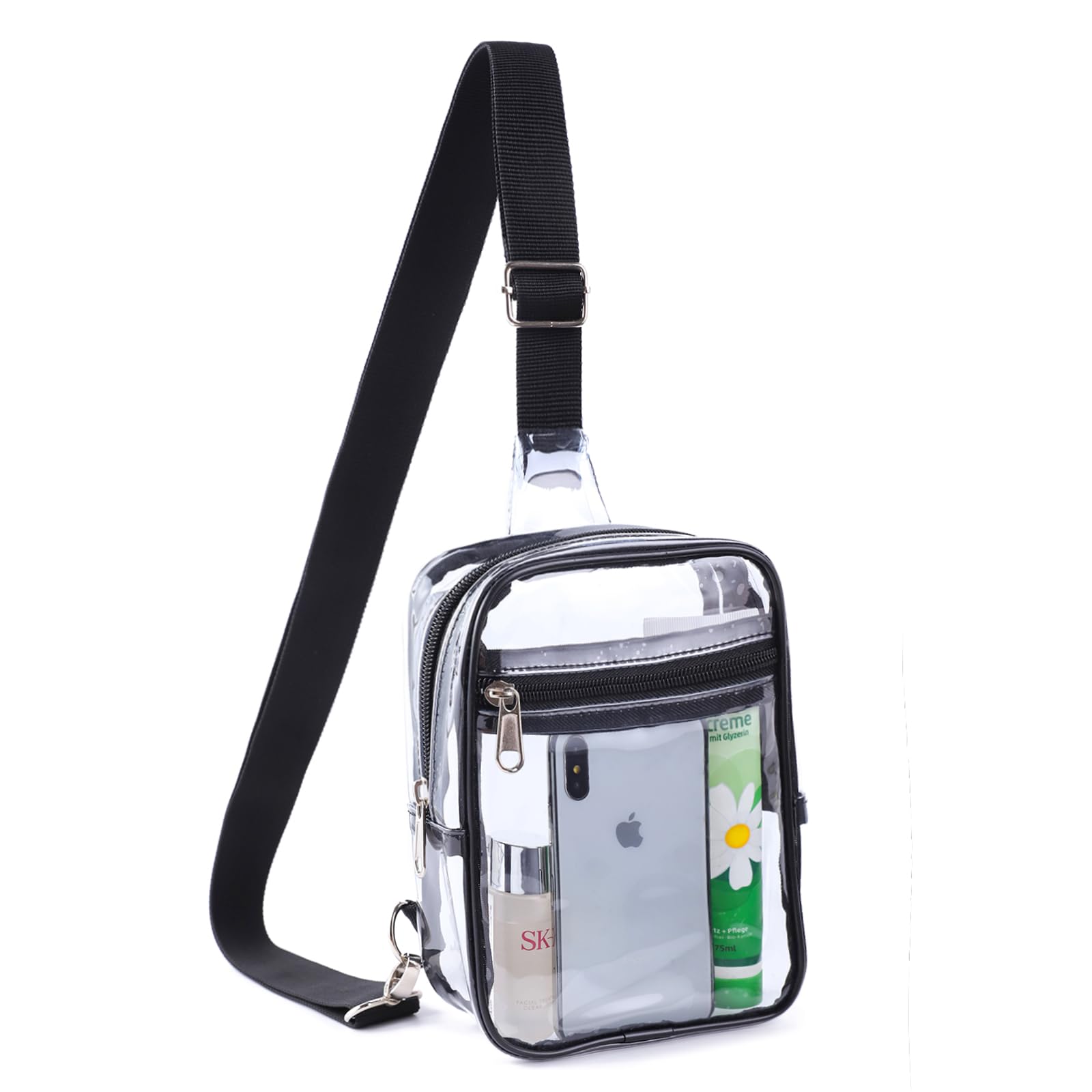Small Clear Sling Bag for Women - Genuine Leather Crossbody Fanny Pack - Mini Chest Bag (Black) - Perfect for Travel, Concerts & Everyday Use