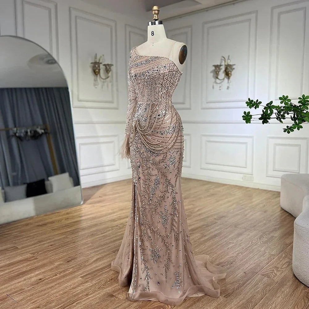 Luxury One Shoulder Beaded Feather Mermaid Evening Dress for Women - Elegant Dubai Nude Gown with High Slit, Perfect for Parties, Prom, and Formal Events - LA72353
