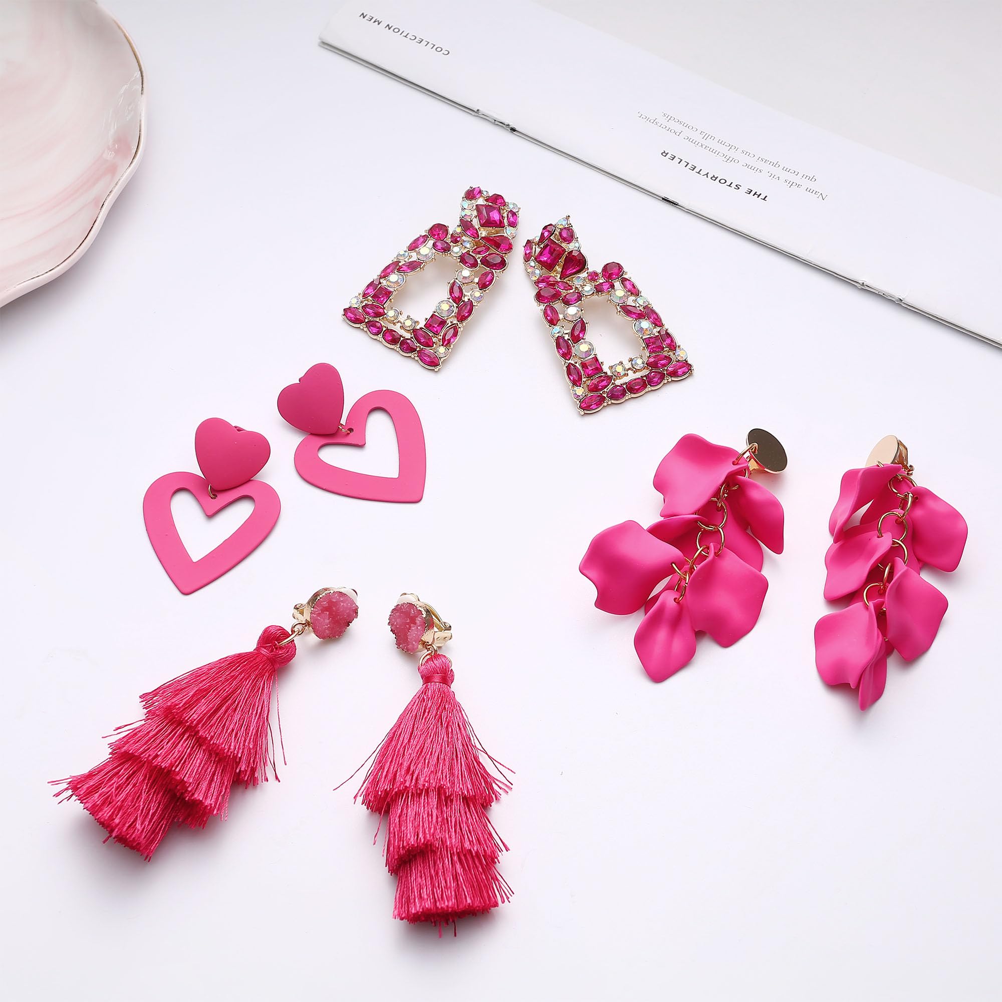 Subiceto 4 Pairs Non-Piercing Clip Earrings for Women - Hot Pink Heart Dangle Drop Earrings with Rhinestones, Geometric Statement & Rose Petal Tassel Designs - Perfect for Parties, Weddings and Everyday Fashion Accessories