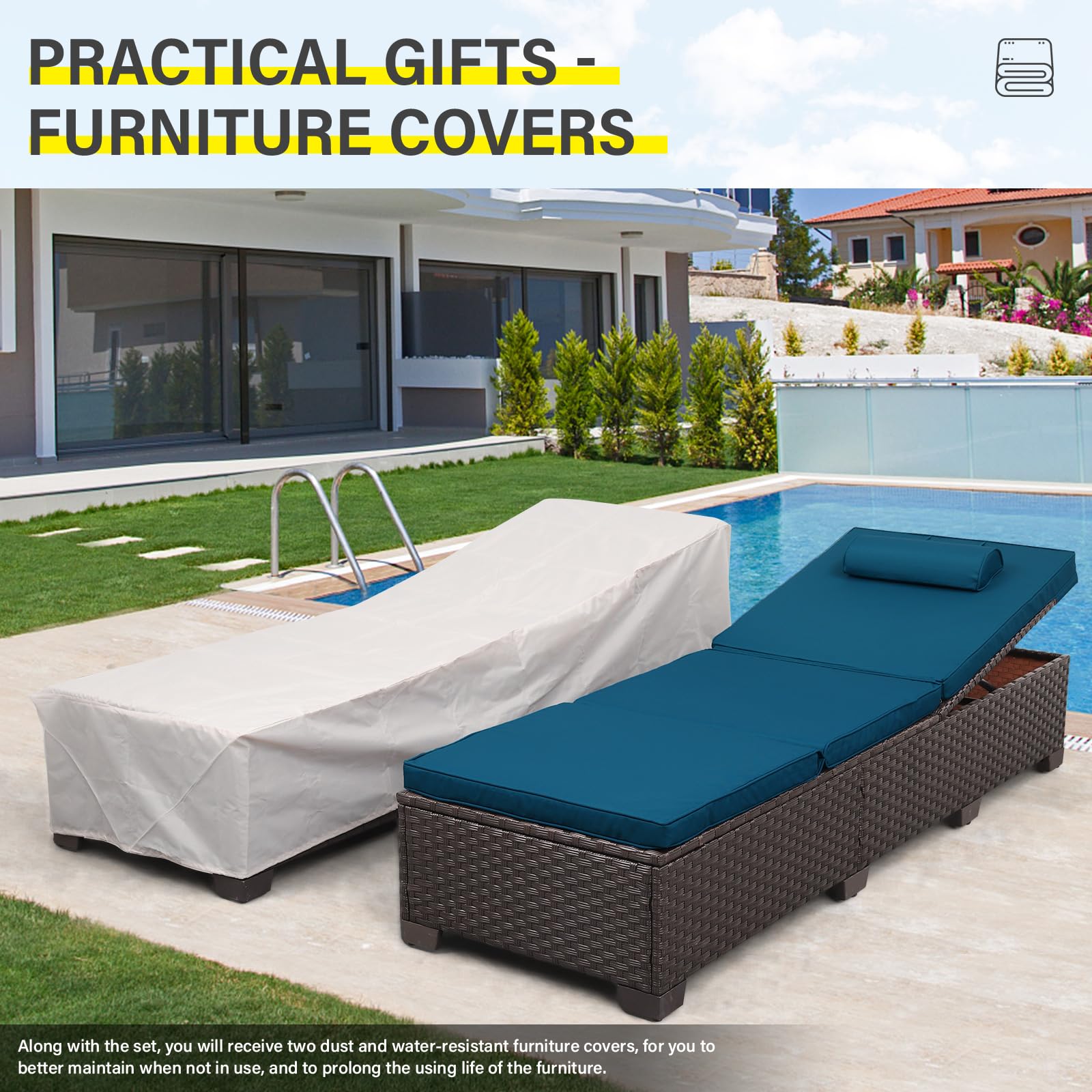 Outdoor PE Wicker Chaise Lounge Set of 2 - Adjustable Brown Rattan Recliners with Peacock Blue Cushions - Patio, Poolside & Garden Relaxation Furniture for Backyard, Deck or Beach