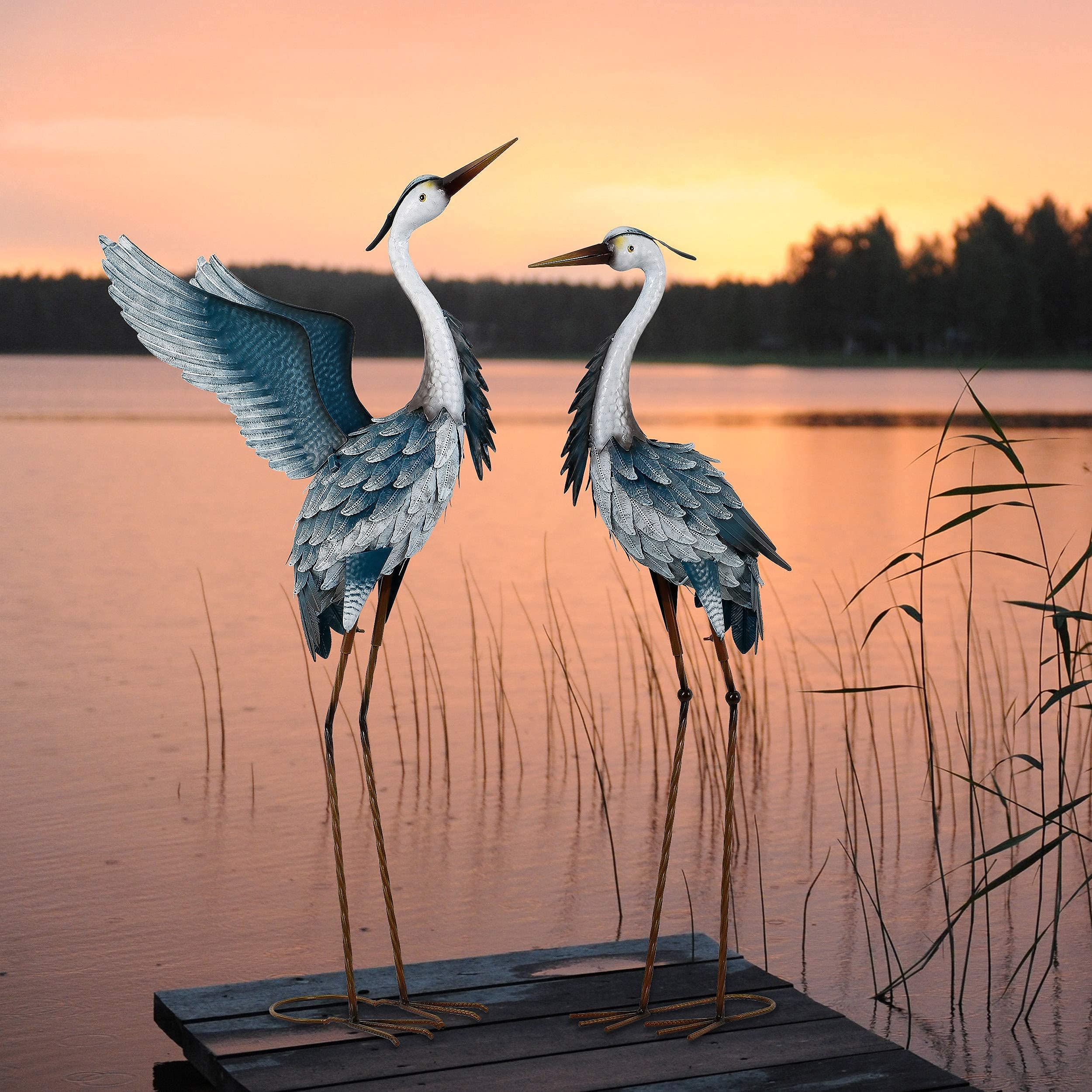 Large Metal Blue Heron Statues for Outdoor & Indoor Decor - Set of 2 (37-40.7