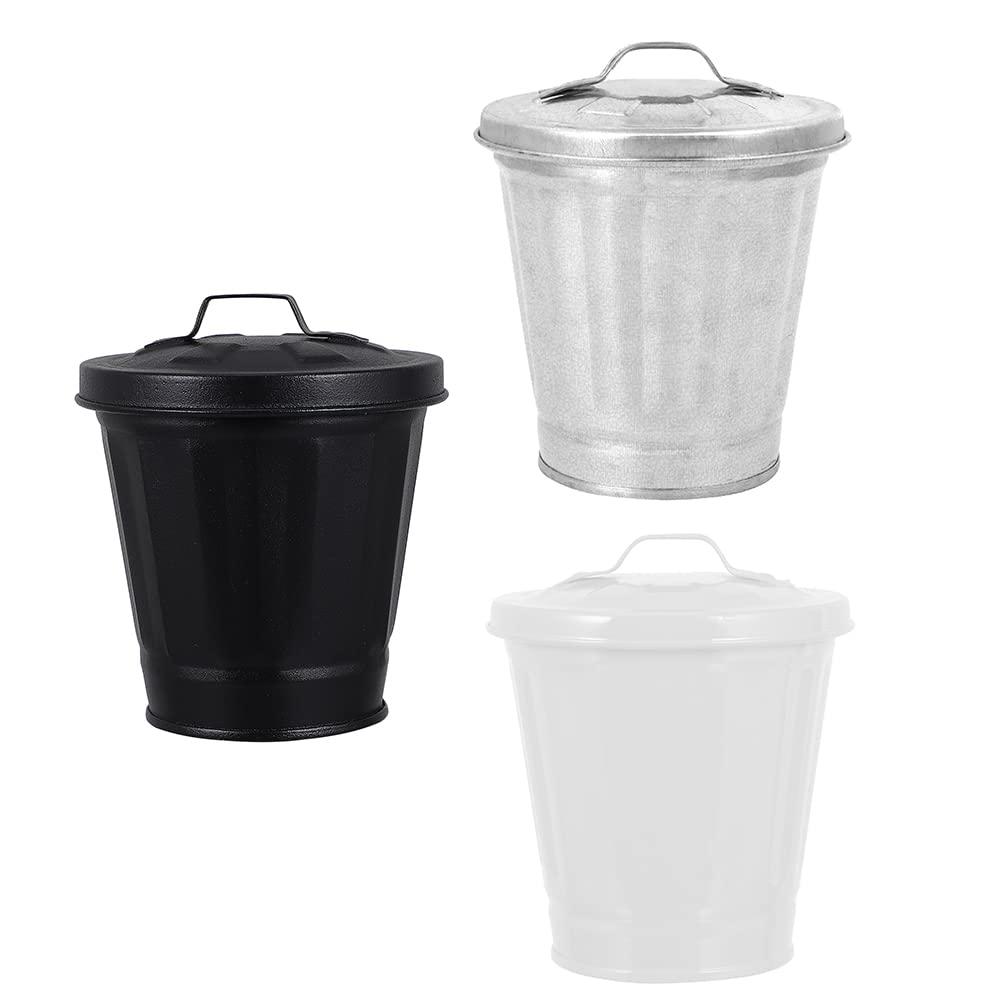 LUOZZY 3-Piece Small Metal Trash Can Set with Lid - Galvanized Mini Wastebasket for Home, Office & Bathroom | 3.5 x 3.7 Inch Desktop Garbage Can | Perfect for Desks, Countertops & as Decorative Flower Pots