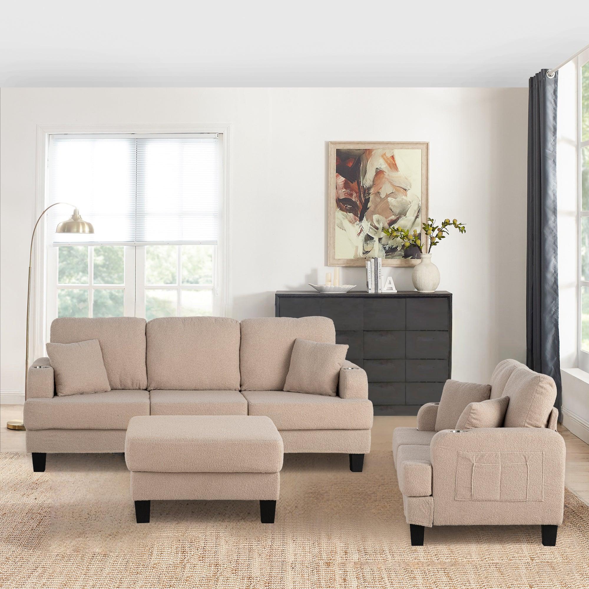 Beige 3-Piece Sofa Set with Storage Ottoman & USB Charging Ports - Modern Living Room Furniture for Small Spaces, Apartments & Home Theater Seating
